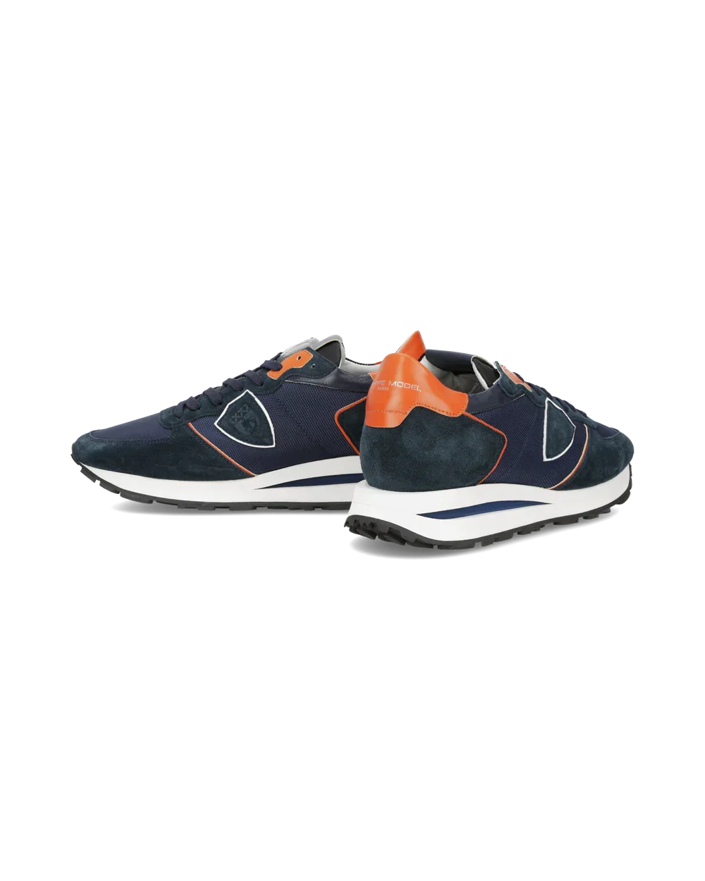 Sneaker uomo blu e arancione in suede e tessuto, suola bianca, stile casual moderno