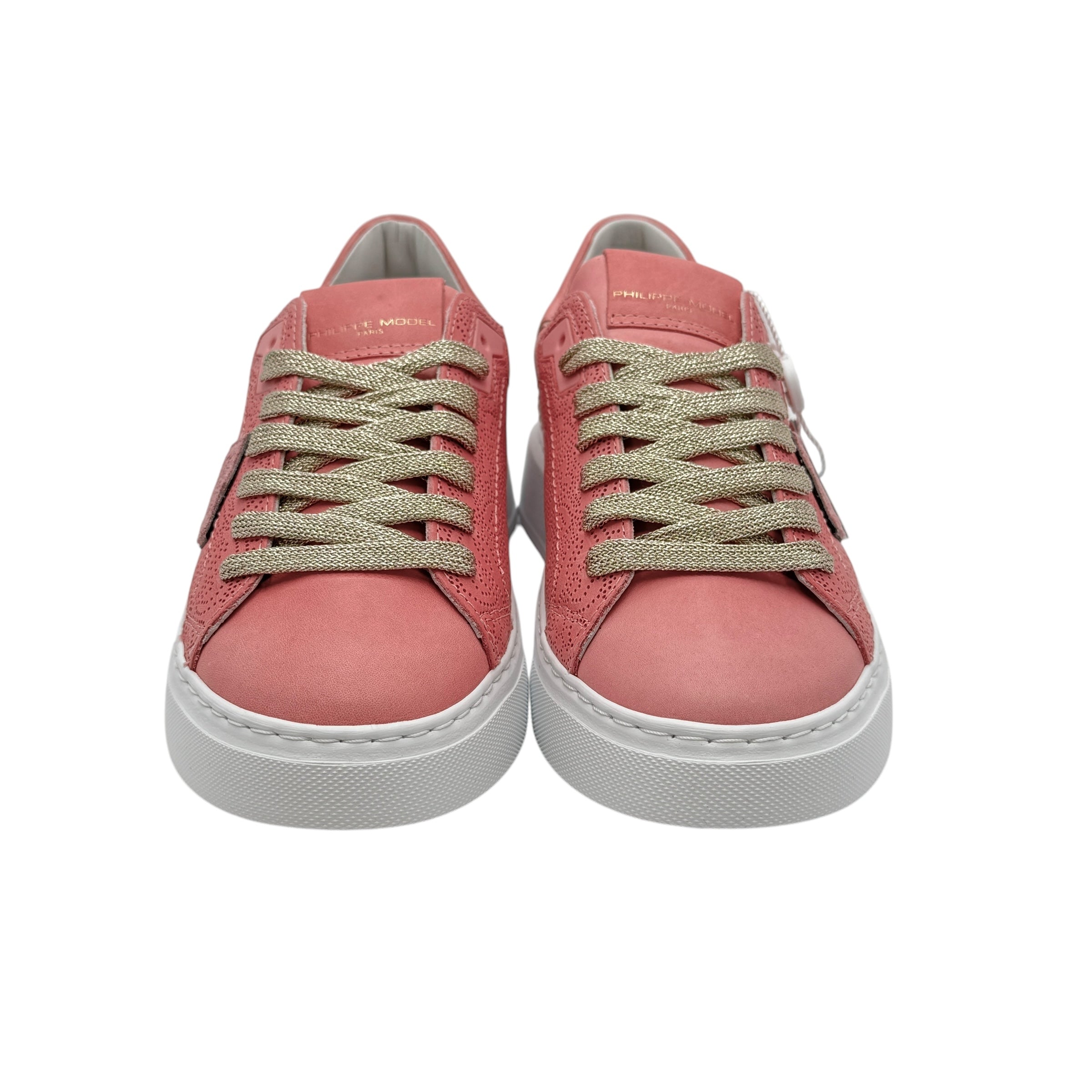 Sneakers donna rosa con lacci dorati e suola bianca, stile casual moderno
