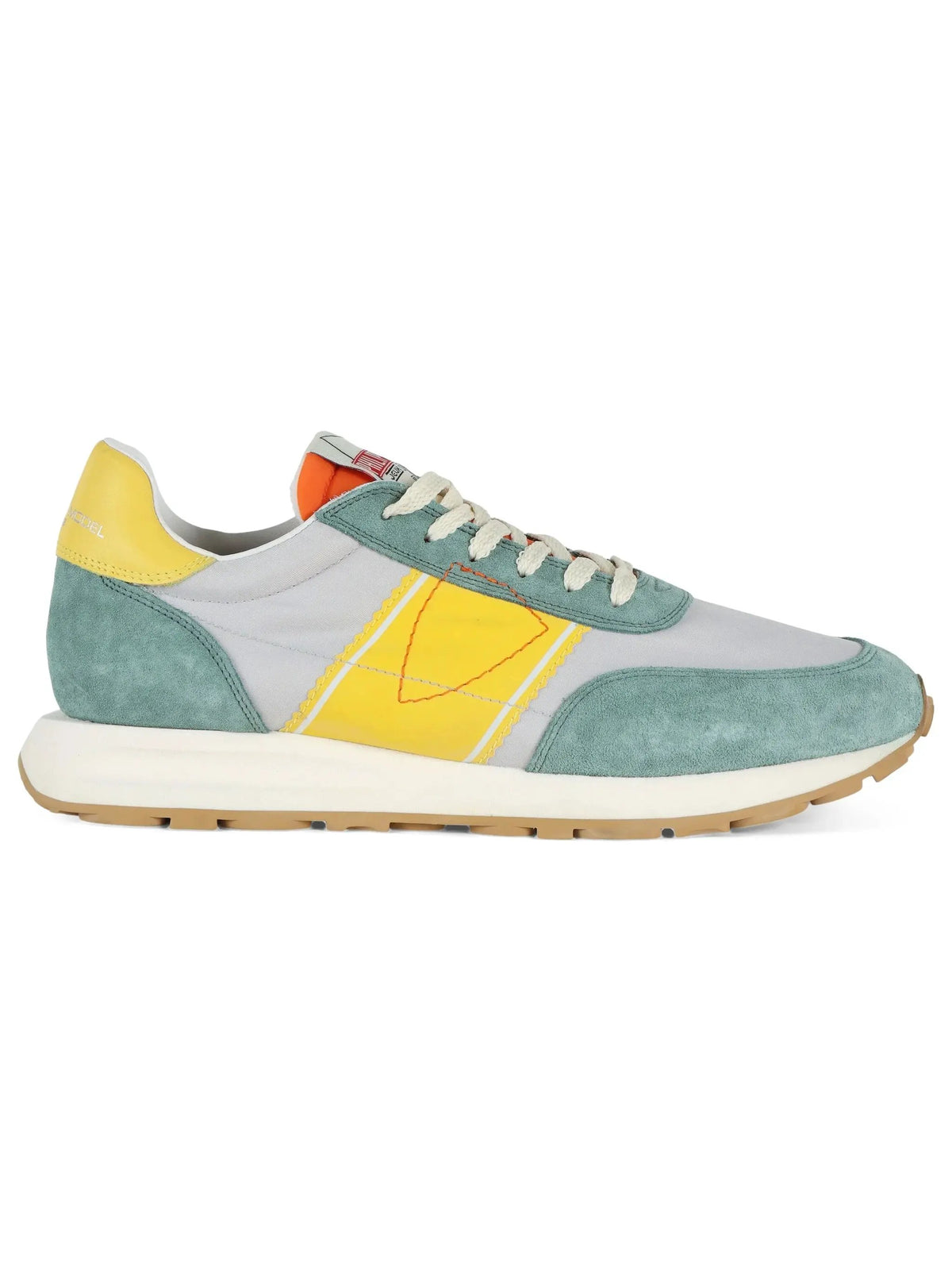 Sneaker uomo grigia, verde e gialla in suede e tessuto, suola bianca, stile casual