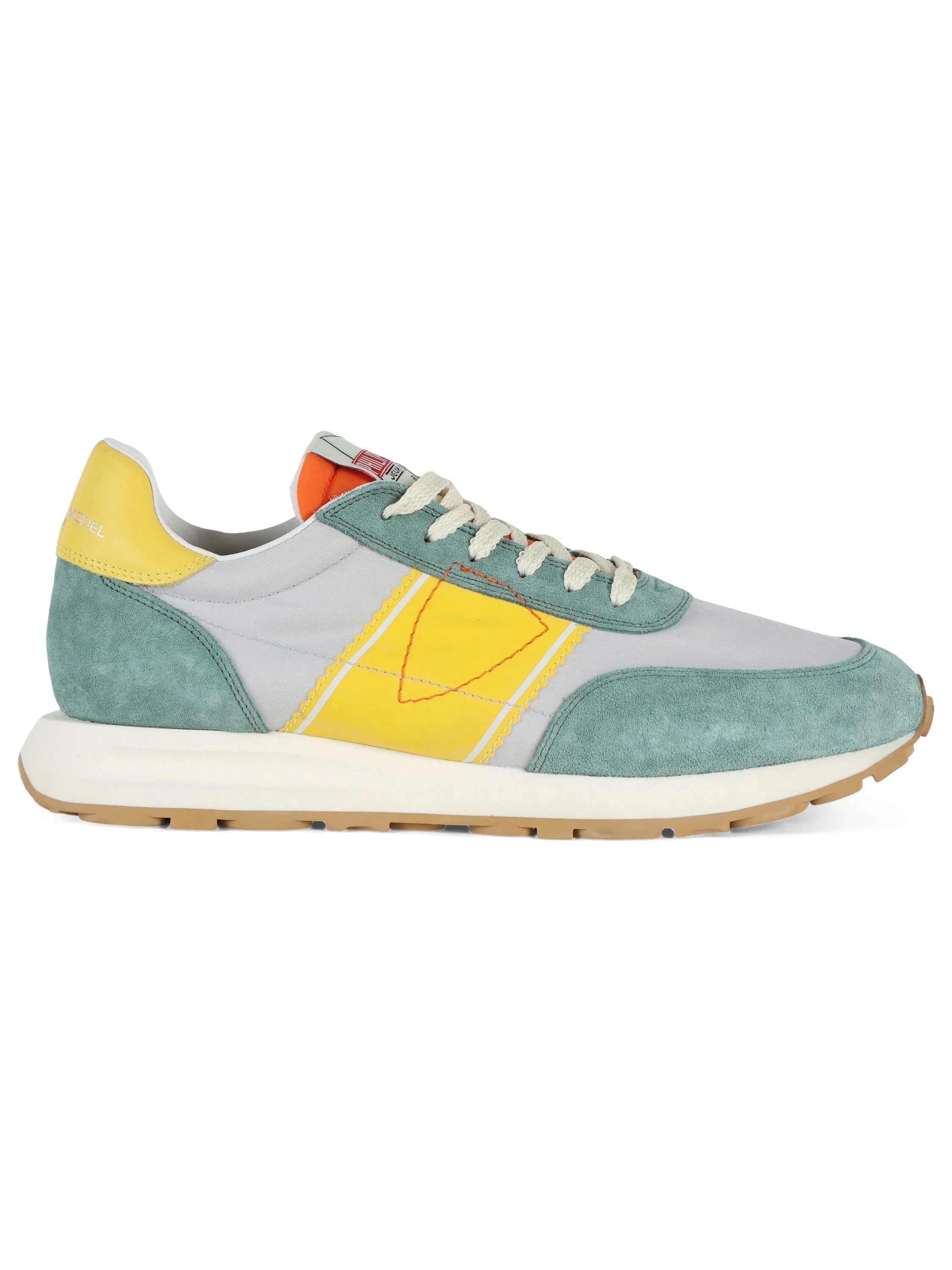 Sneaker uomo grigia, verde e gialla in suede e tessuto, suola bianca, stile casual