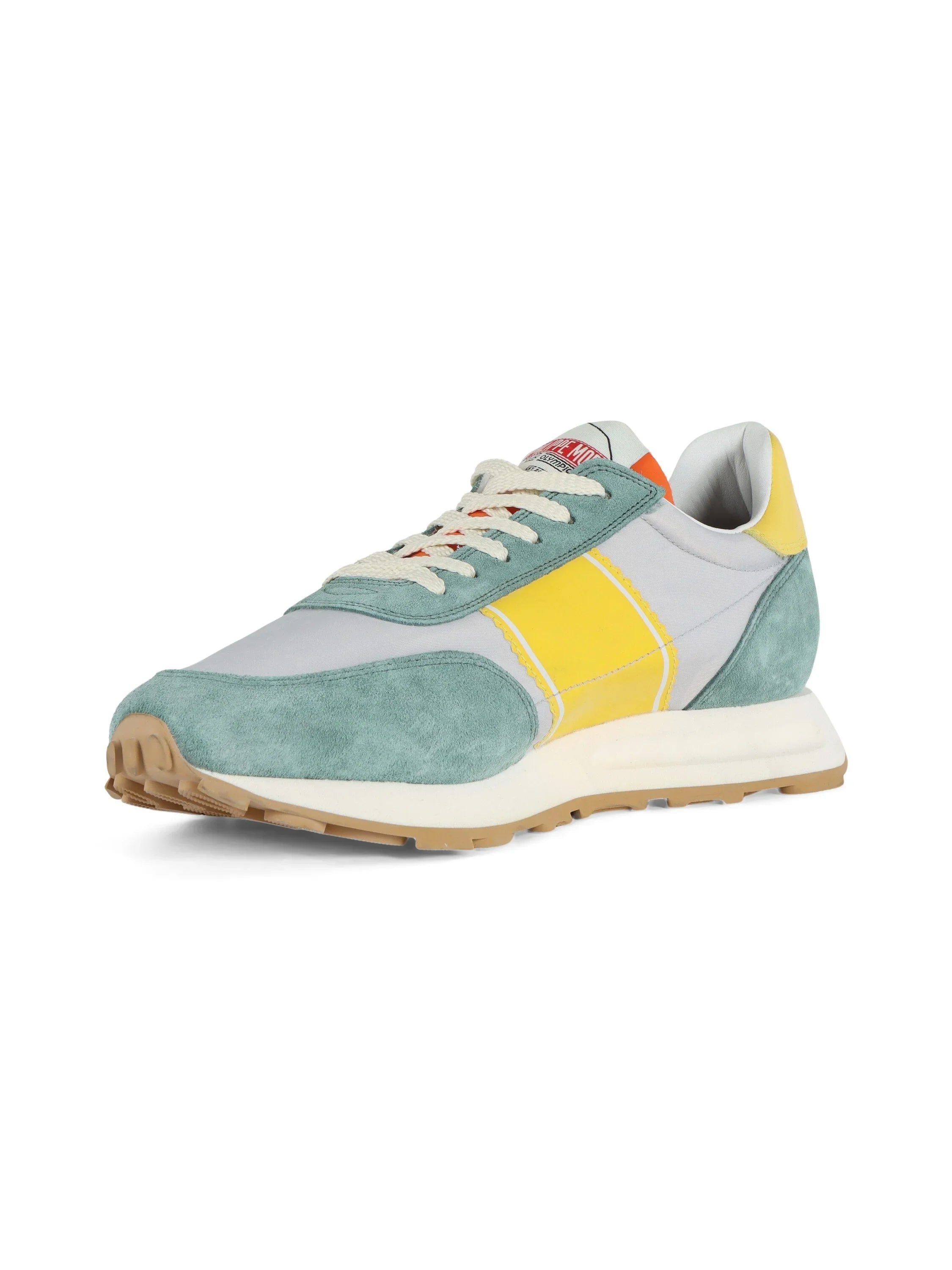 Sneaker uomo multicolore con dettagli gialli, verde salvia e suola beige, modello sportivo