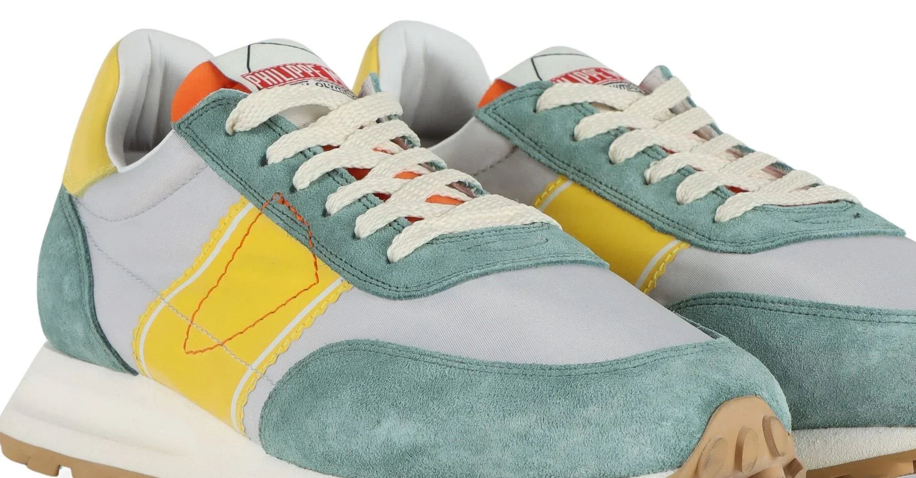 Sneakers uomo in suede e tessuto grigio, verde salvia e giallo con dettagli bianchi