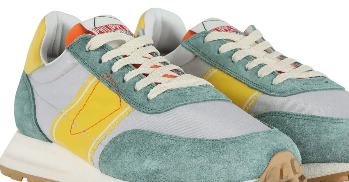 Sneakers uomo in suede e tessuto grigio, verde salvia e giallo con dettagli bianchi