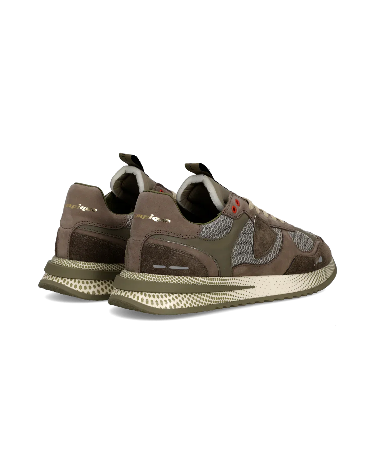 Sneaker uomo multistrato in suede e tessuto mesh color kaki, suola beige con dettagli a contrasto.