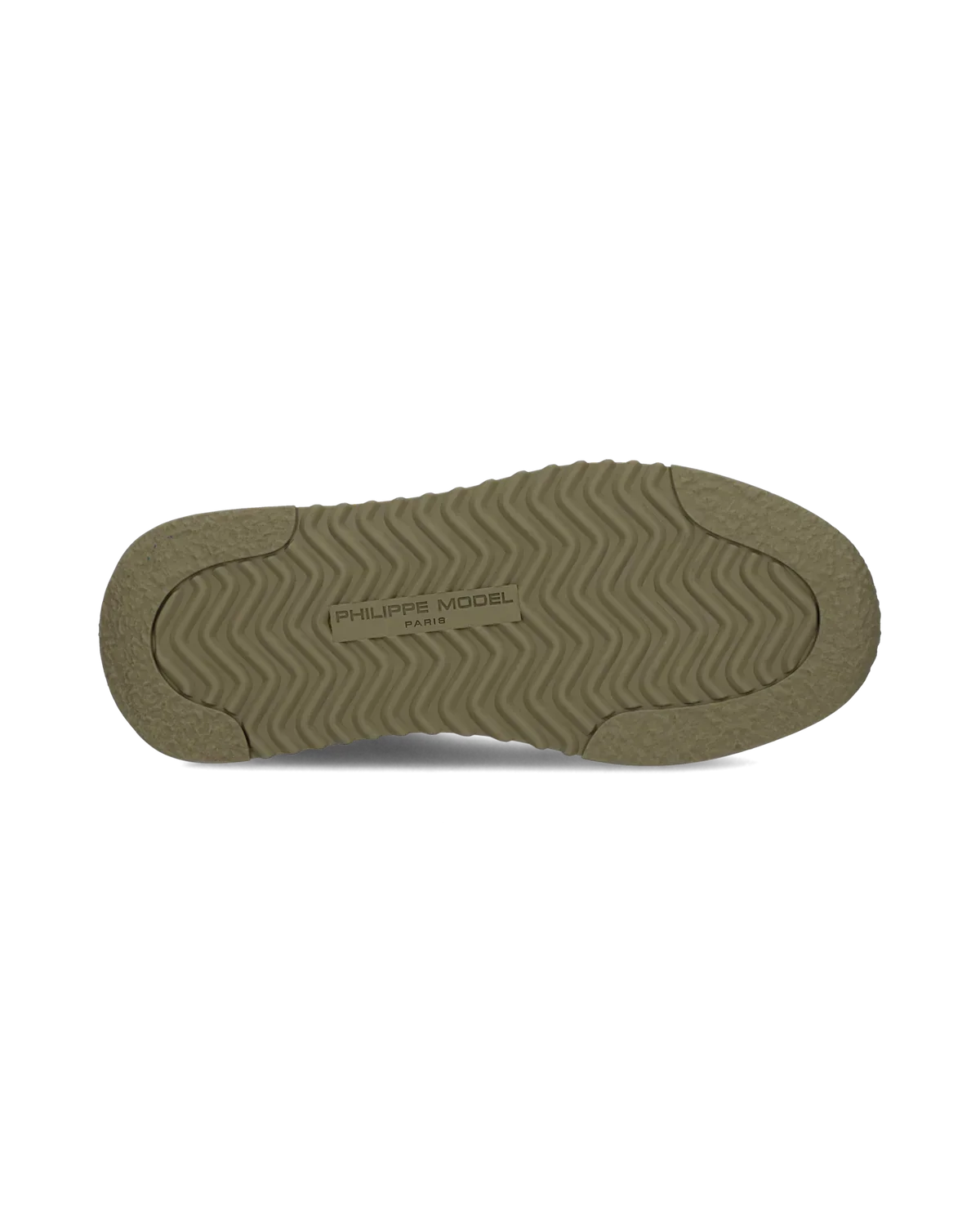 Suola sneaker uomo verde militare con trama antiscivolo e logo Philippe Model visibile.
