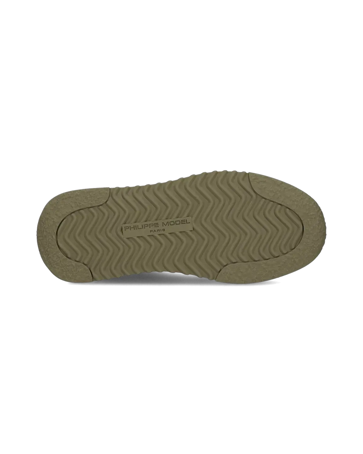 Suola sneaker uomo verde militare con trama antiscivolo e logo Philippe Model visibile.