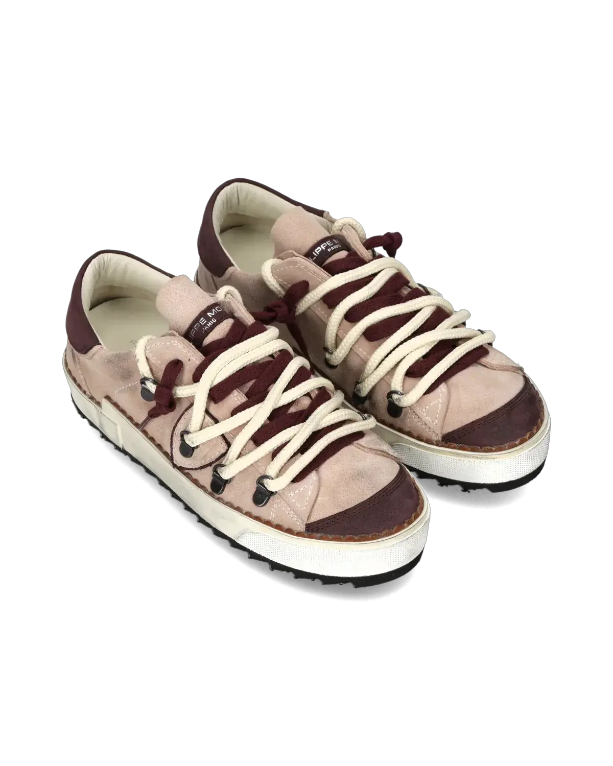 Sneakers basse da donna in camoscio rosa e bordeaux con lacci bianchi e dettagli sportivi.