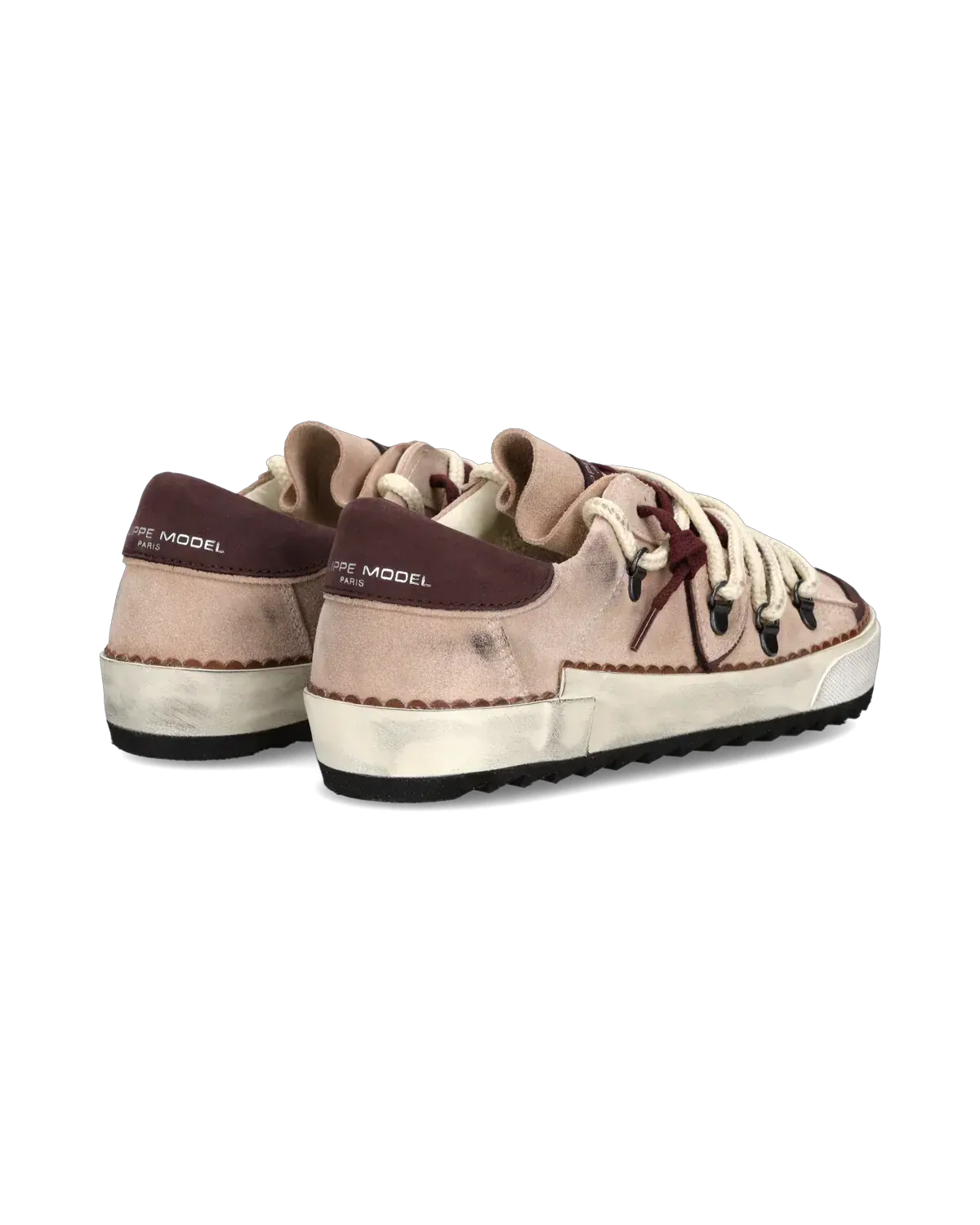 Sneaker donna in suede rosa e bordeaux con suola vintage e lacci spessi, vista posteriore