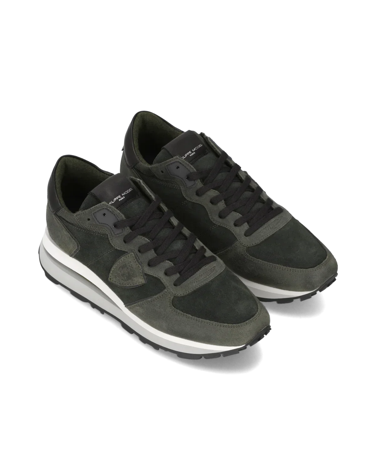 Sneaker uomo verde e grigia in suede con lacci neri, suola bianca, stile casual moderno