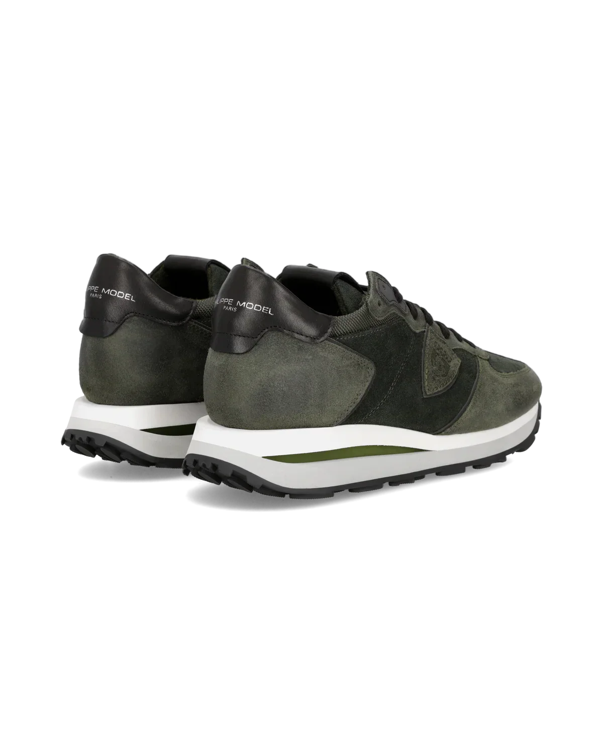 Sneakers uomo verde e grigio in suede con dettagli neri e suola bianca spessa