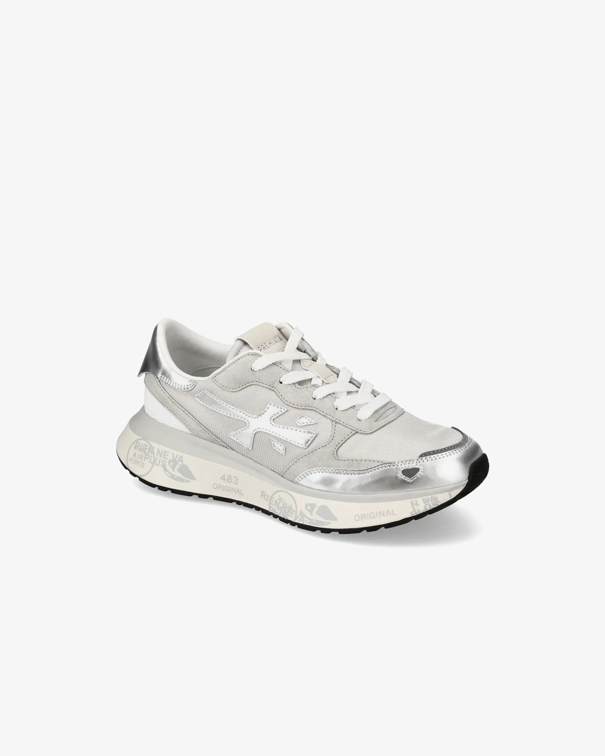 Sneaker donna argento bianco con dettagli metallici, suola decorata, stile casual