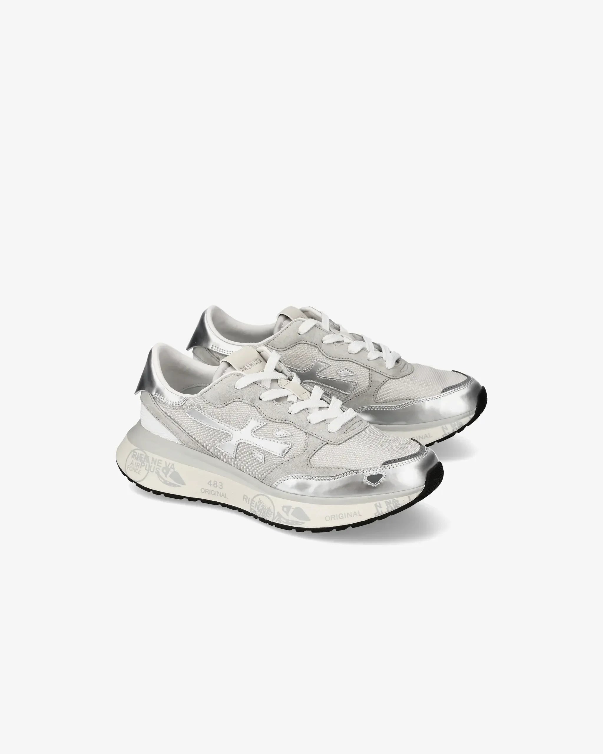 Sneakers donna argento e bianco in pelle e tessuto, suola con dettagli stampati, stile casual