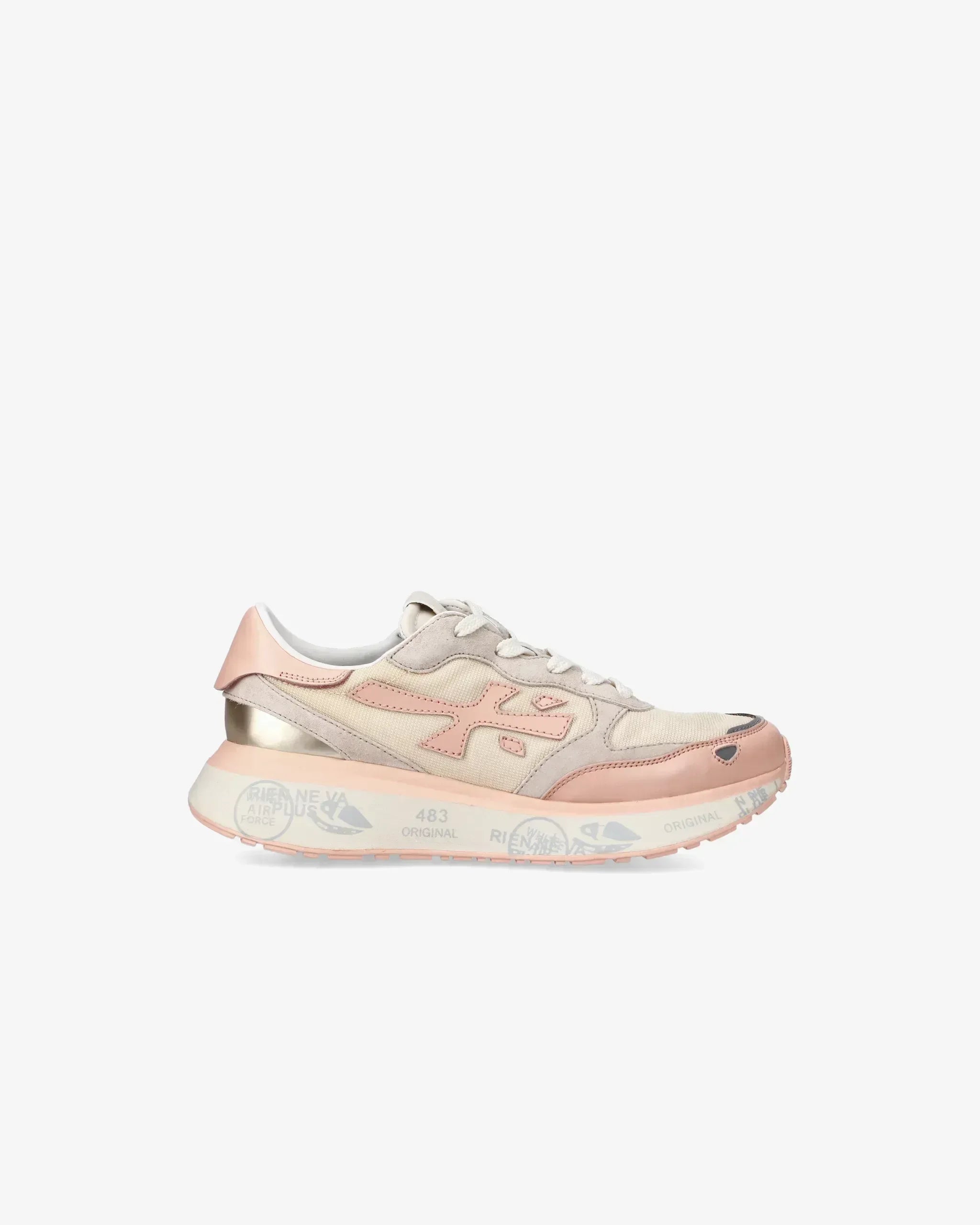 Sneaker donna beige e rosa stile casual con dettagli metallici e suola platform decorata.