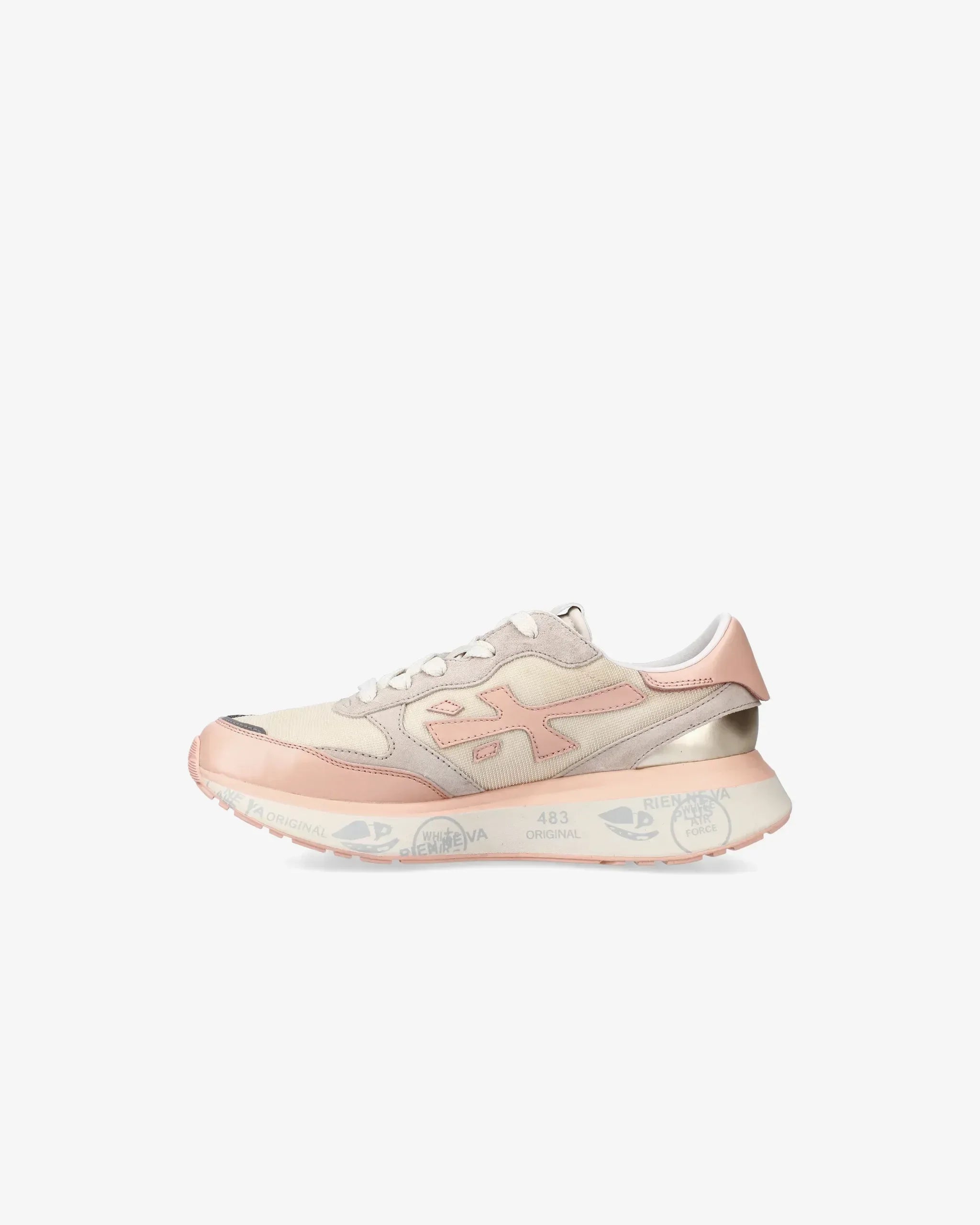 Sneaker donna beige e rosa in pelle e tessuto, suola bianca con dettagli stampati, stile casual