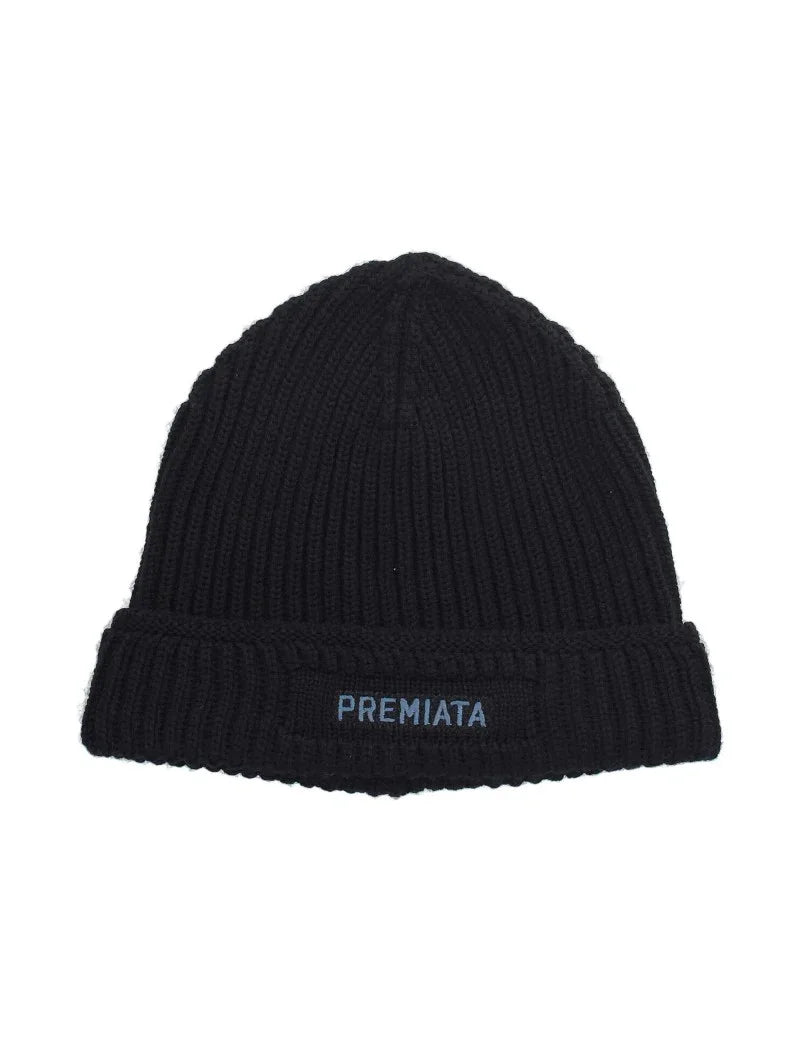 Cappello di lana blu scuro a coste con risvolto e logo Premiata ricamato sul davanti