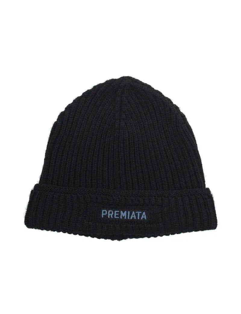 Cappello di lana blu scuro a coste con risvolto e logo Premiata ricamato sul davanti
