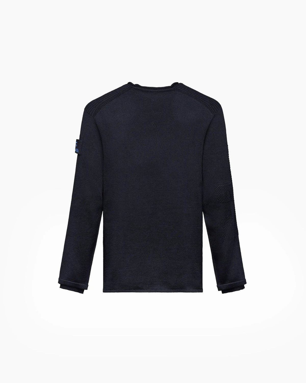 maglia uomo blu scuro a maniche lunghe in lana merino, vista posteriore, girocollo