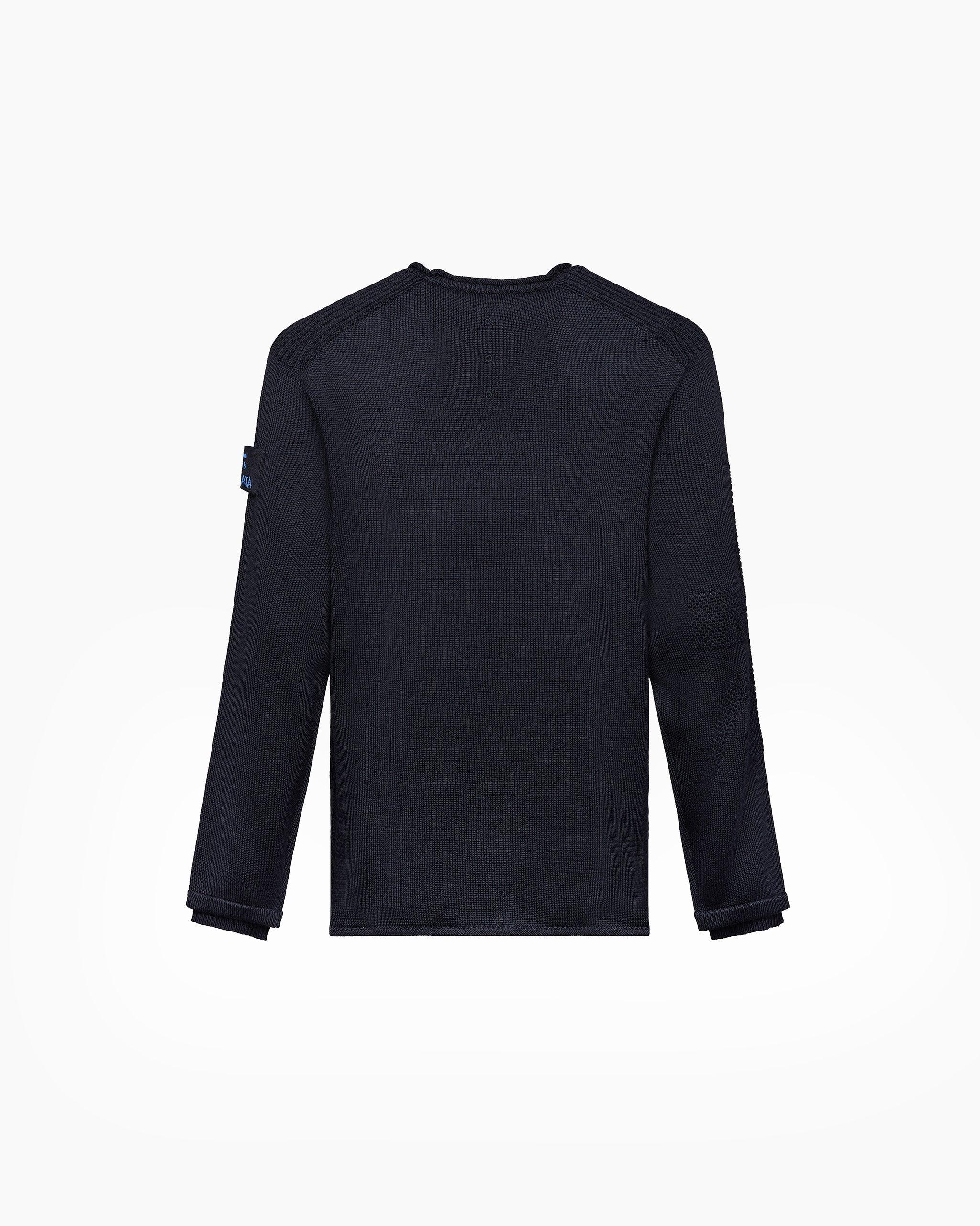 maglia uomo blu scuro a maniche lunghe in lana merino, vista posteriore, girocollo