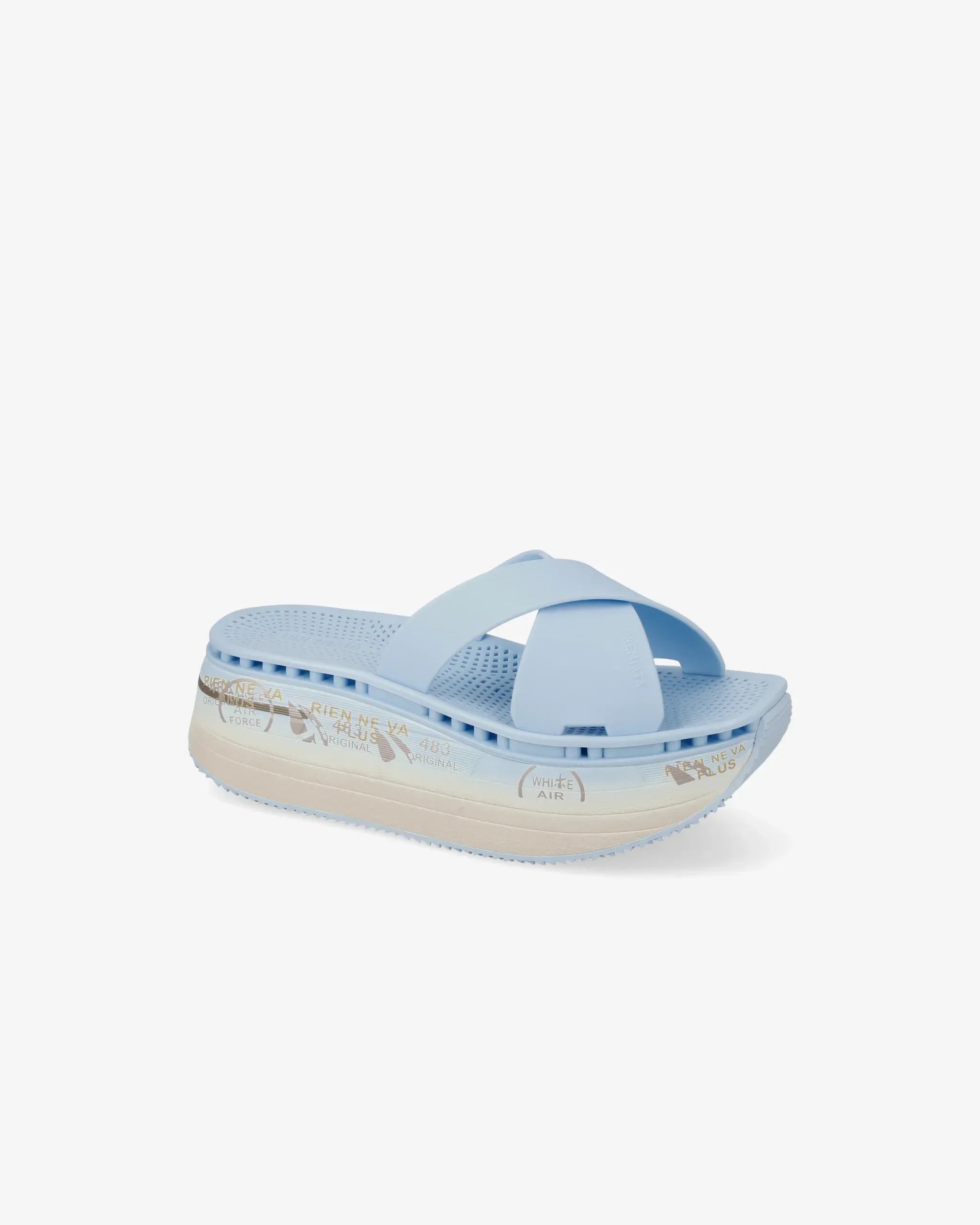 Sandalo donna azzurro platform con fasce incrociate e suola alta decorata, moda estiva
