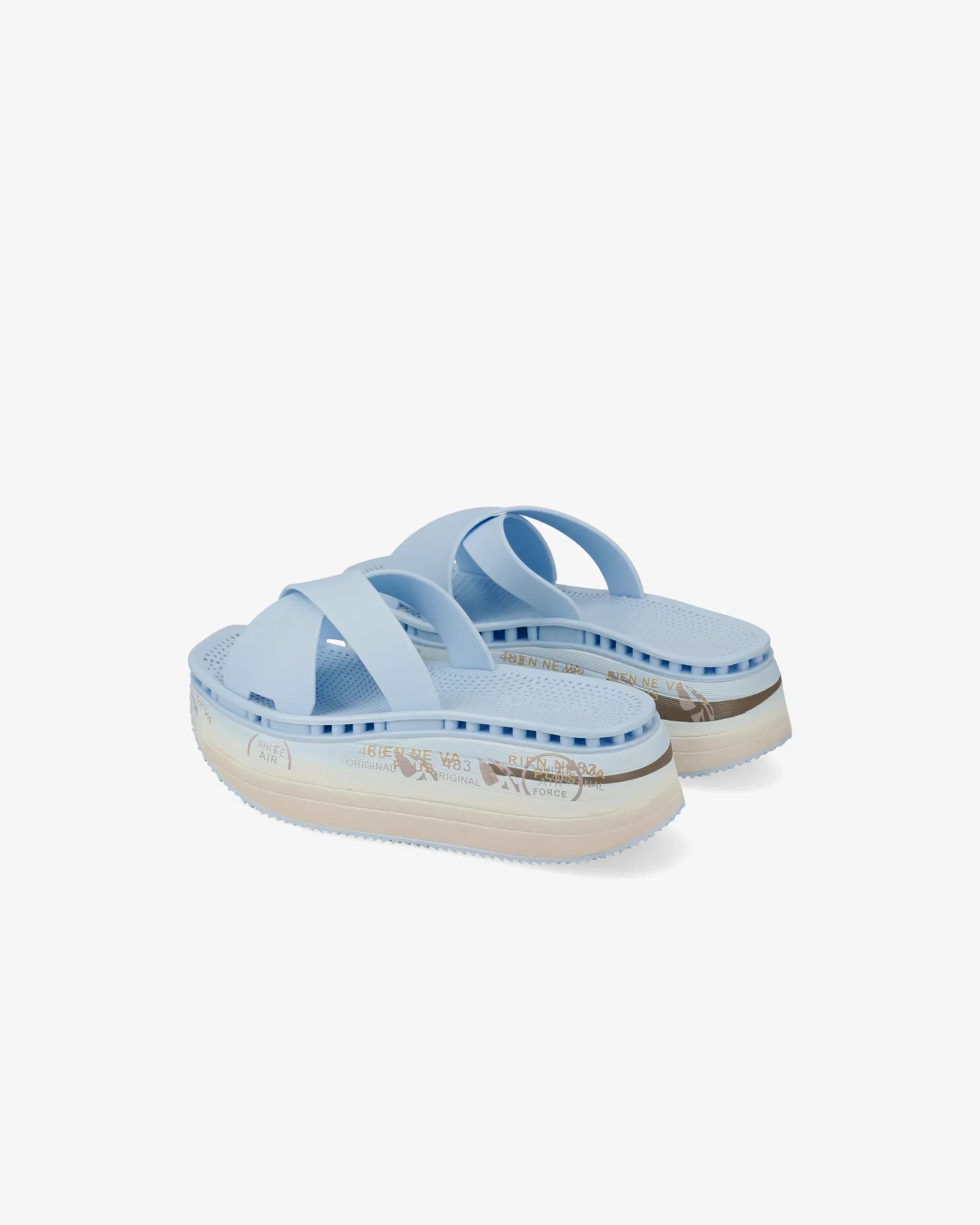 Sandali platform donna azzurri con suola alta decorata e cinturini incrociati, vista posteriore