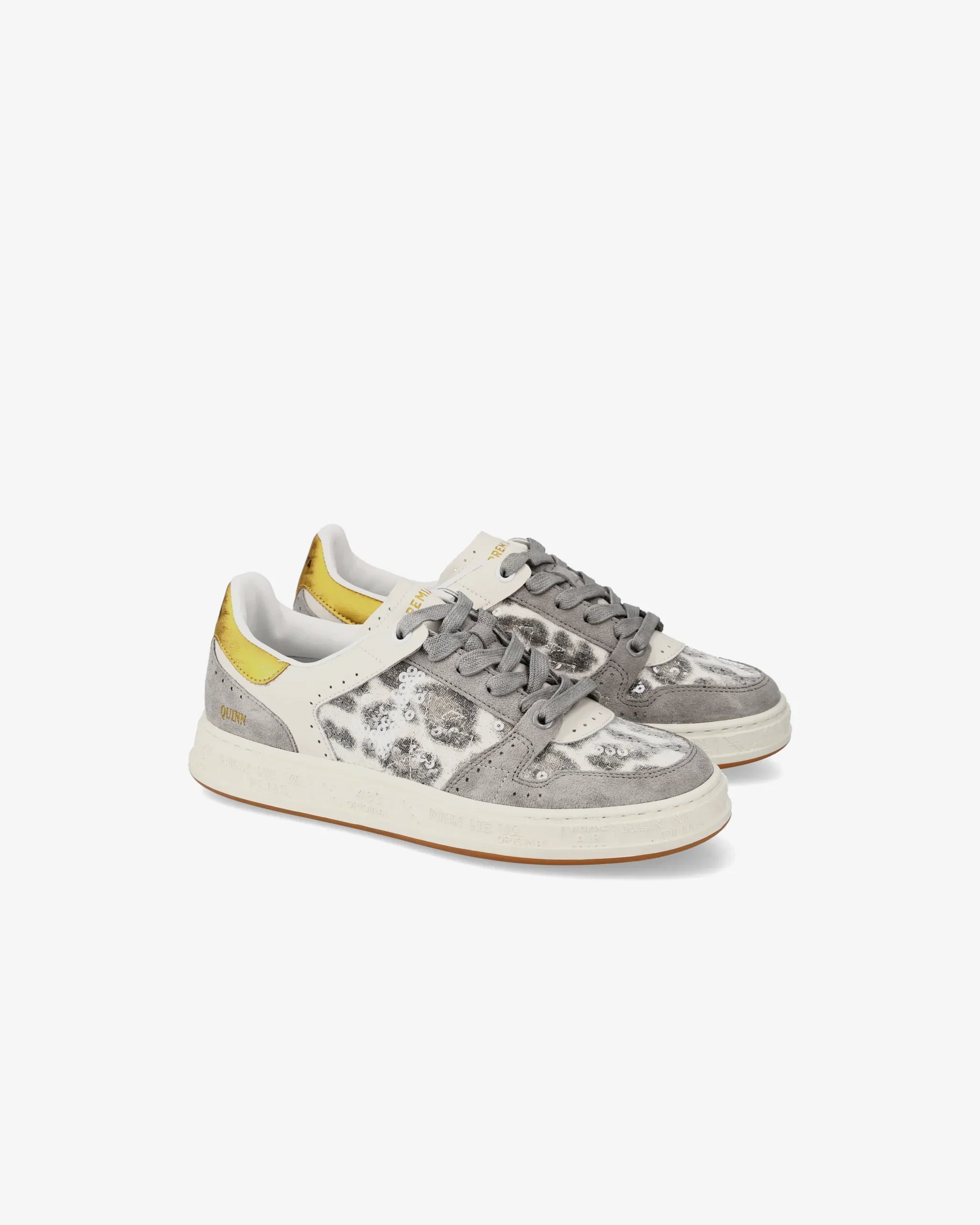 Sneakers grigie da donna effetto animalier con dettagli gialli e suola bianca
