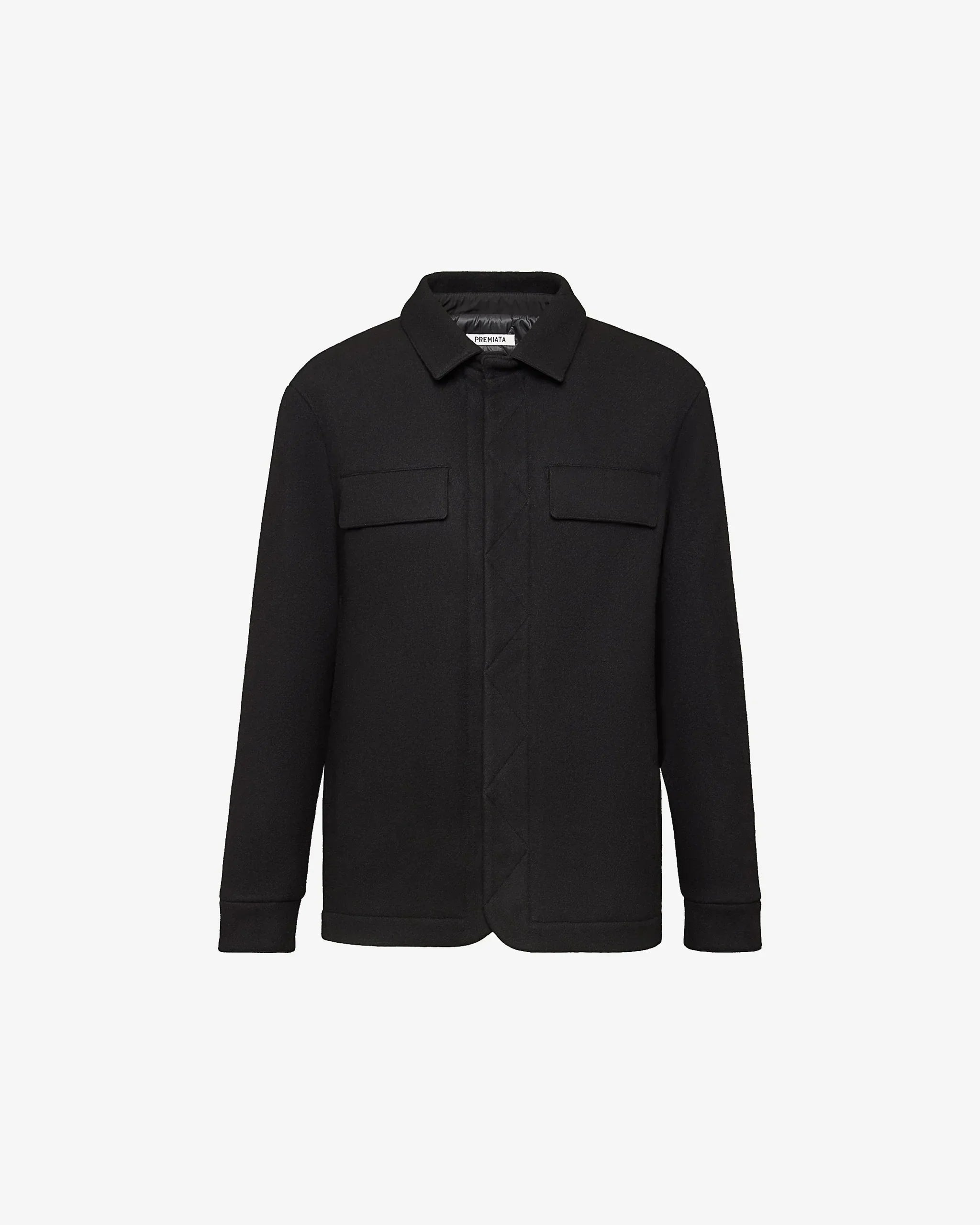 Giacca nera uomo elegante invernale, colletto classico, tasche frontali, design minimalista