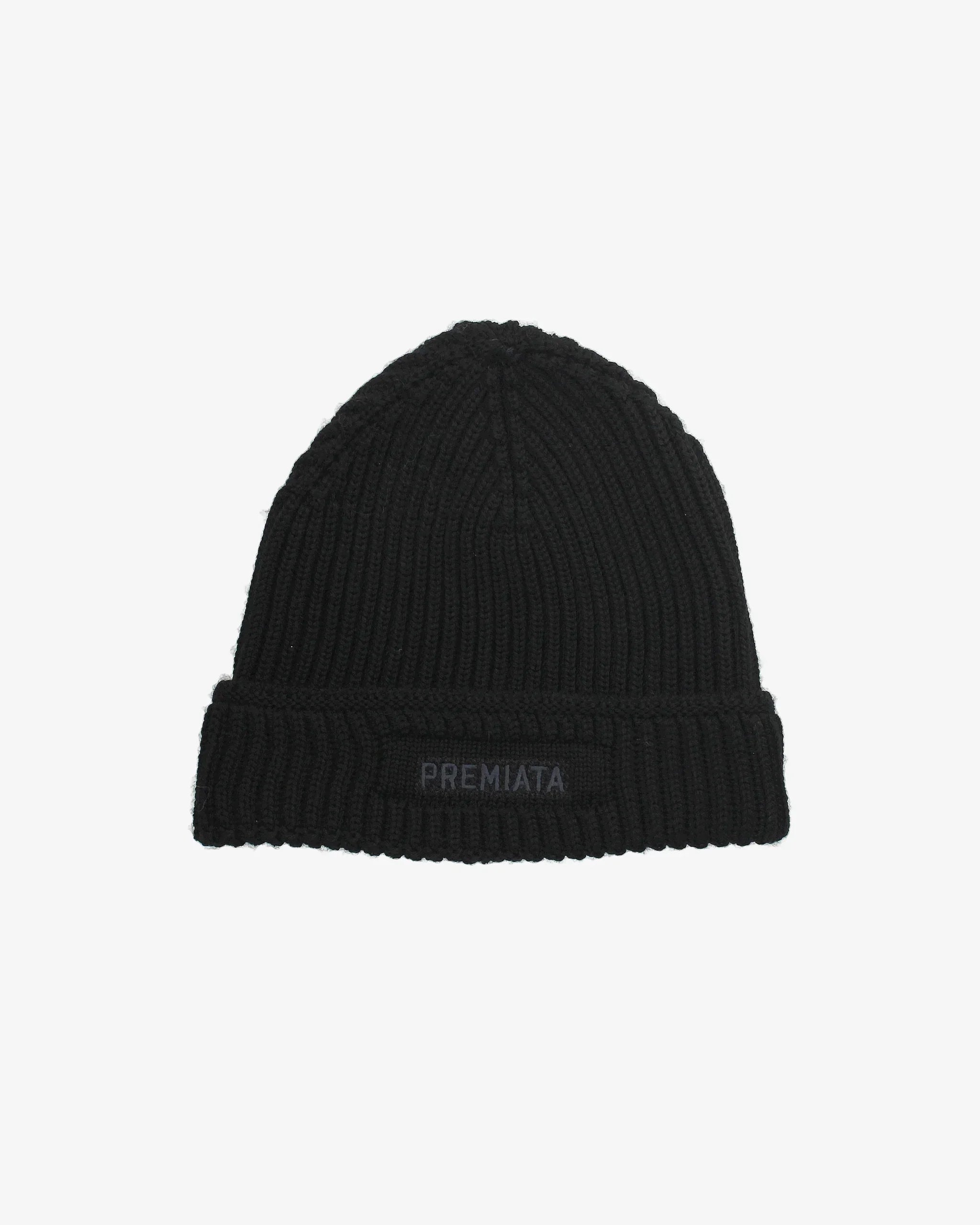 Cappello di lana nero a coste con risvolto e logo visibile sul davanti