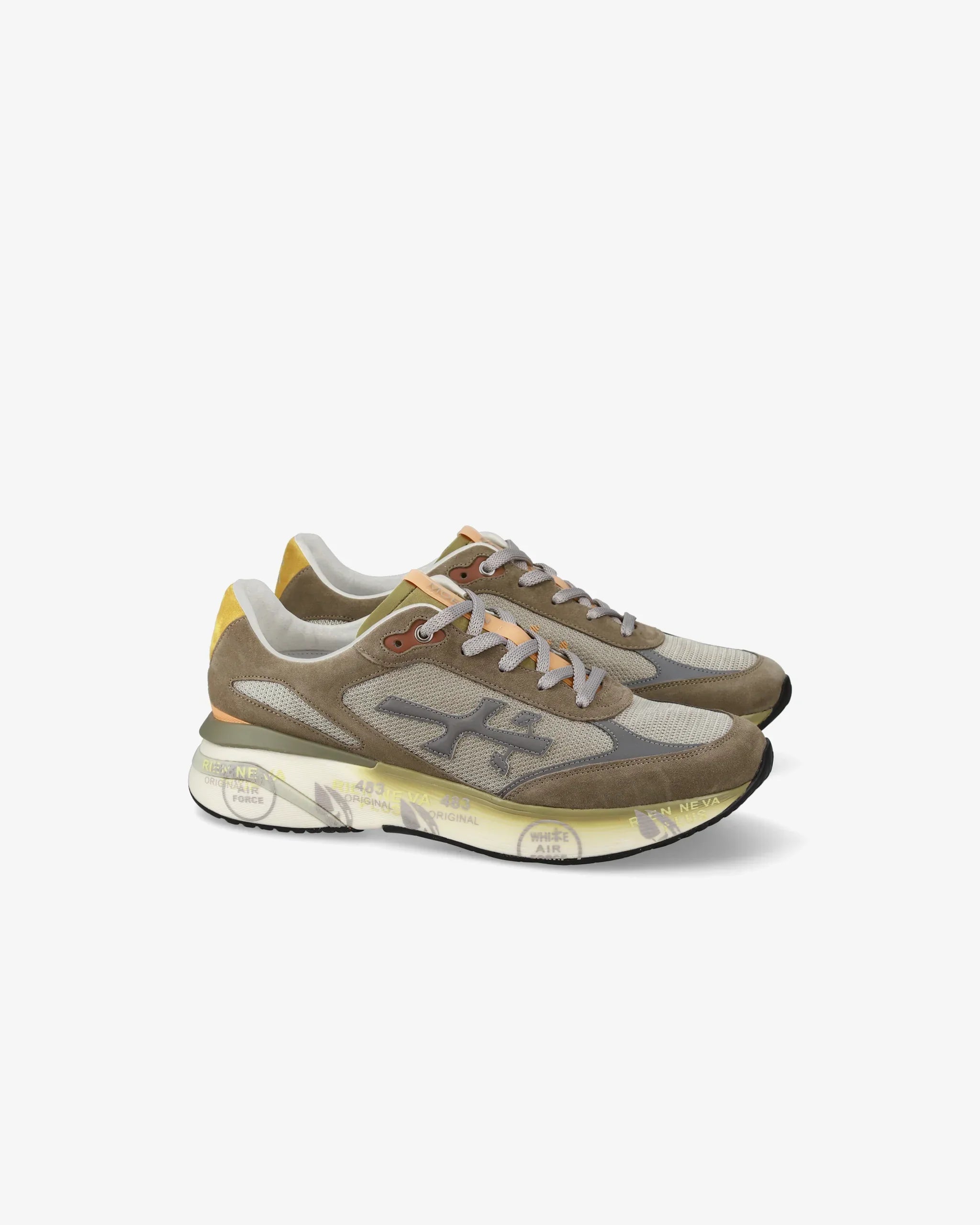 Sneaker uomo tortora beige con dettagli grigi e gialli, suola stampata, stile casual
