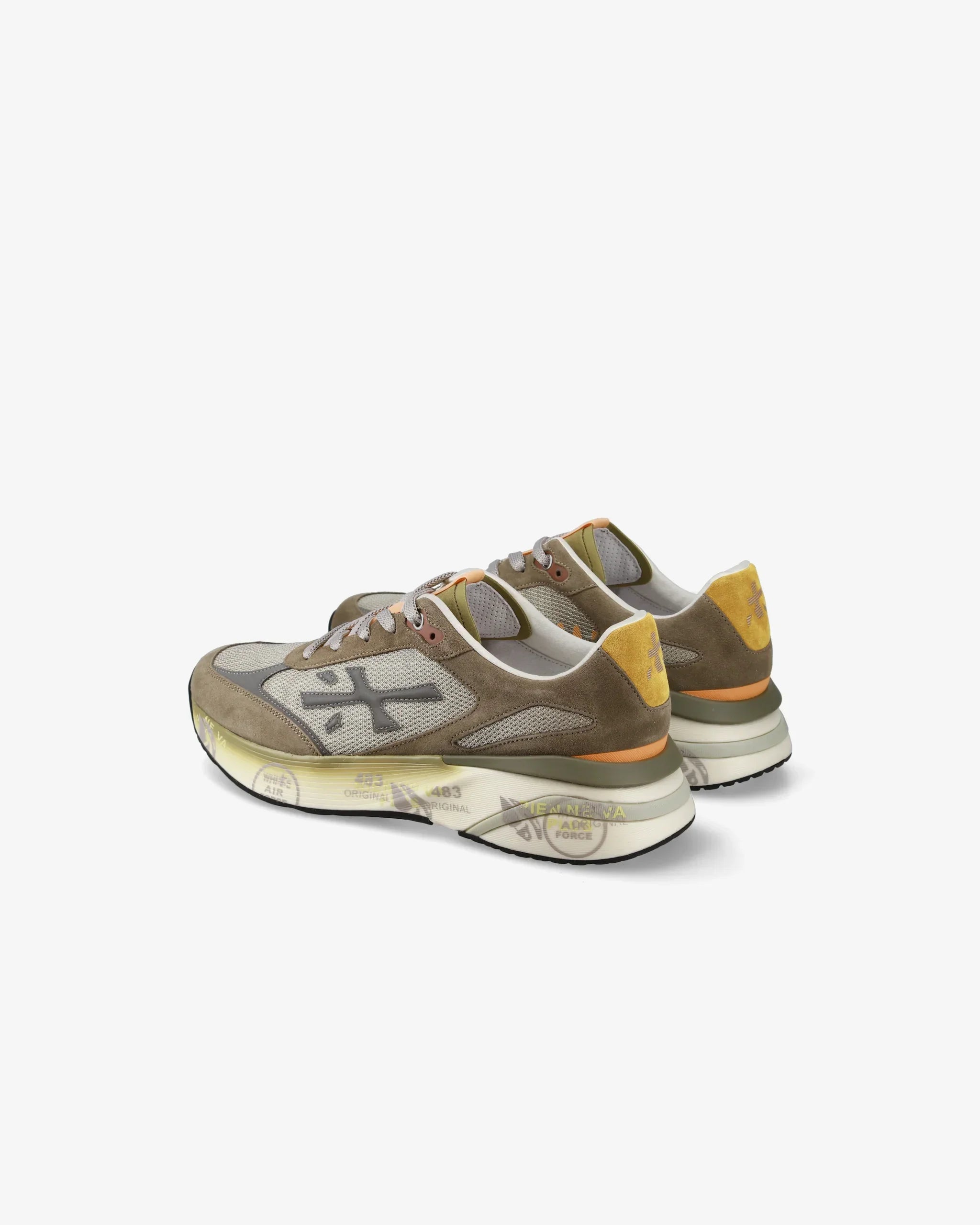 Sneaker uomo tortora con dettagli gialli, suola alta stampata, design moderno