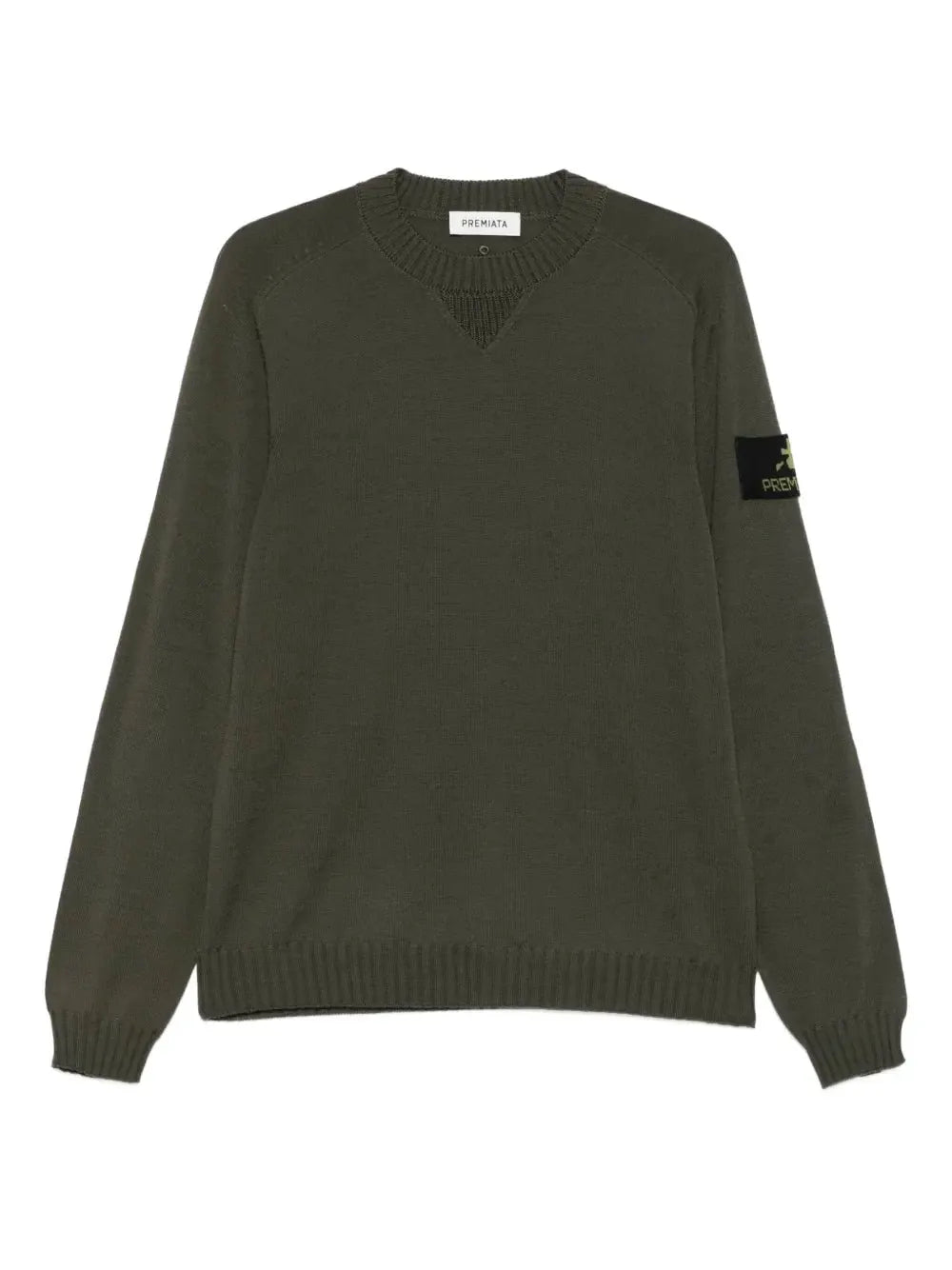 Maglia girocollo uomo verde militare in lana merino con patch manica, stile casual.