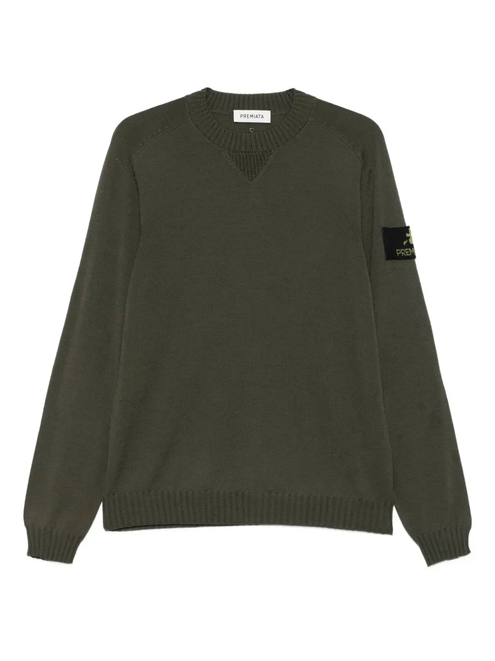 Maglia girocollo uomo verde militare in lana merino con patch manica, stile casual.