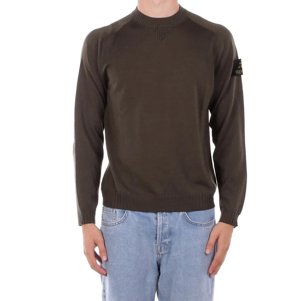 Maglione uomo verde militare in lana merinos, girocollo, maniche lunghe, stile casual