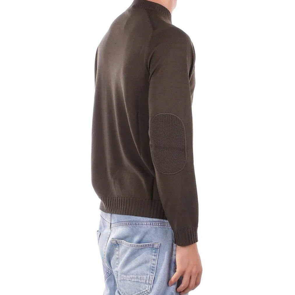 Maglione verde uomo in lana merinos con toppe sui gomiti, vestibilità casual