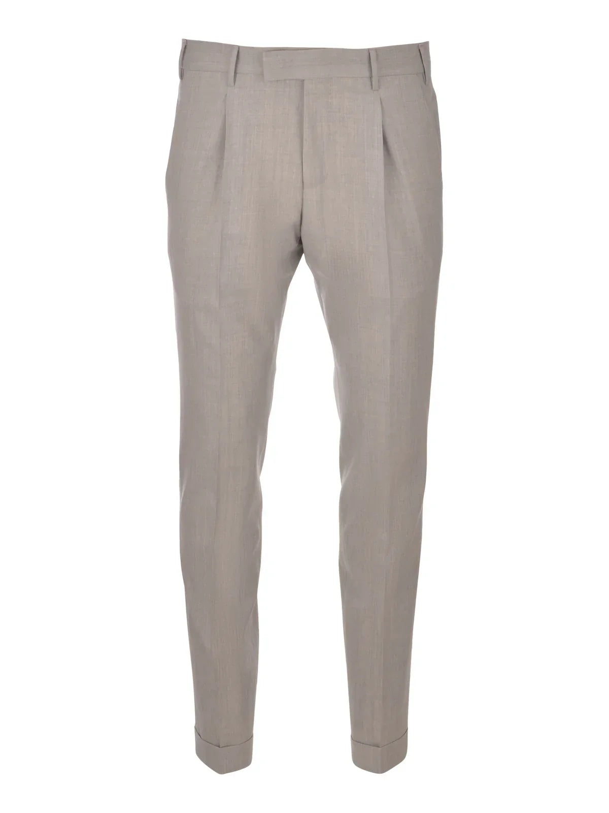 Pantaloni uomo eleganti beige chiaro con piega, vestibilità slim, fondo risvoltato.