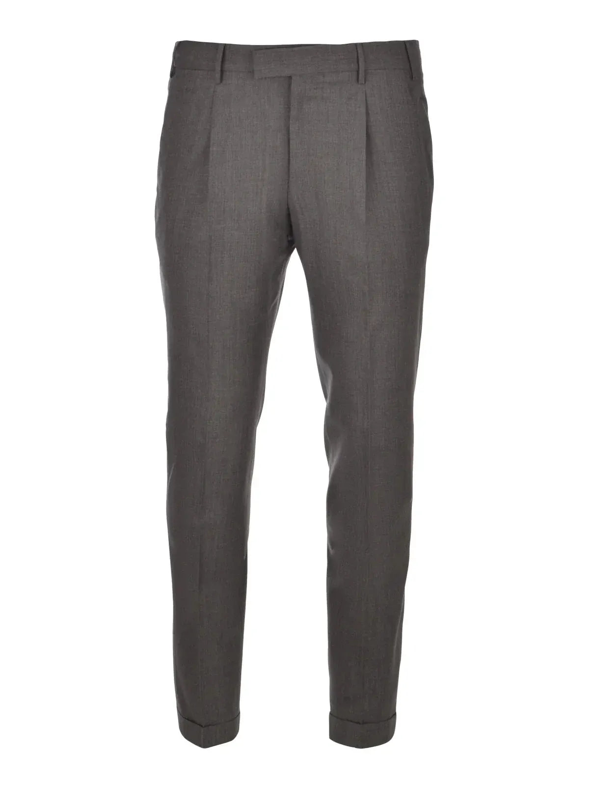 Pantaloni uomo eleganti grigi con pince, vestibilità slim, fondo risvoltato.