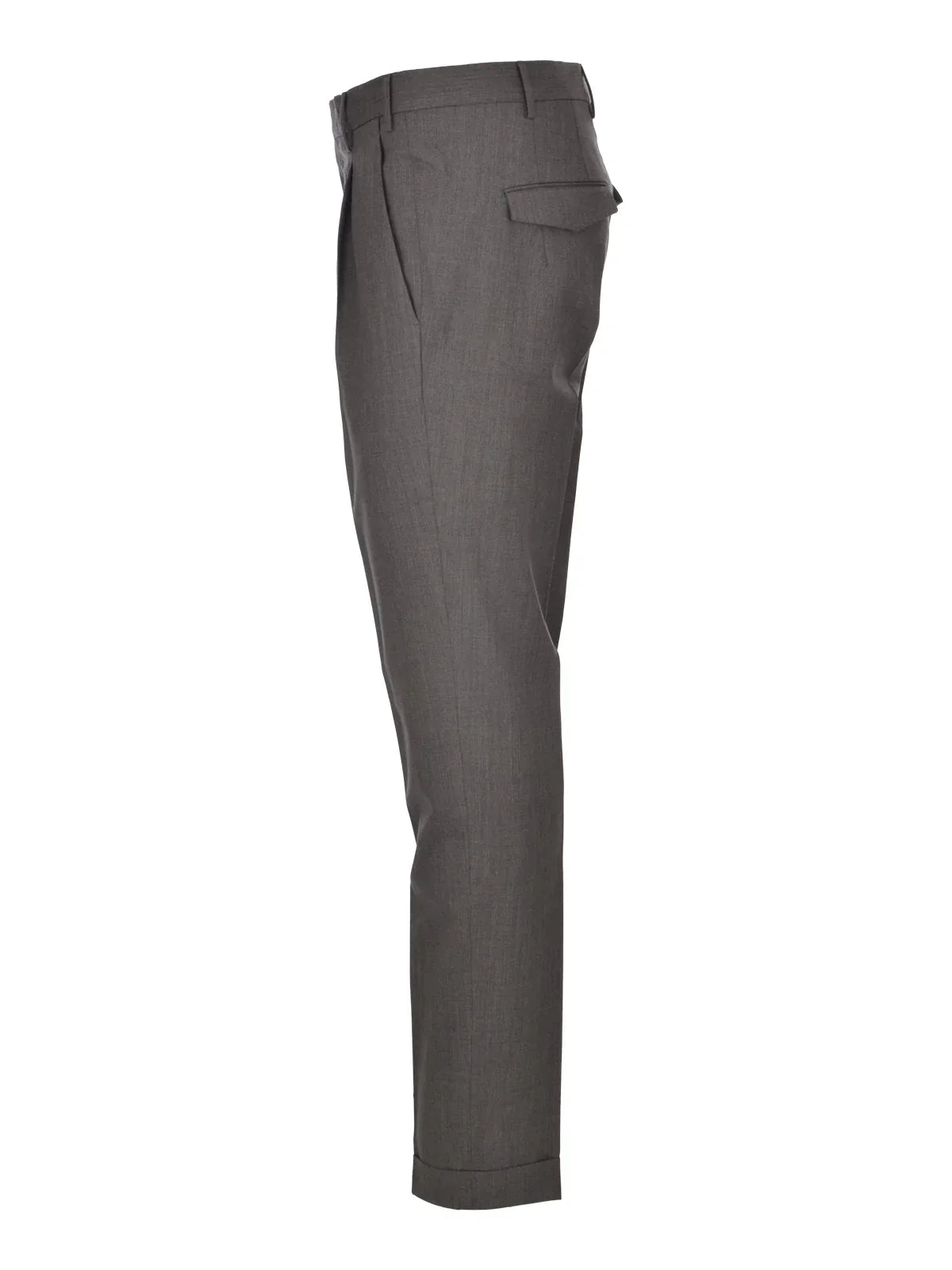 Pantalone uomo elegante grigio in lana, vista laterale con tasca a filetto e risvolto