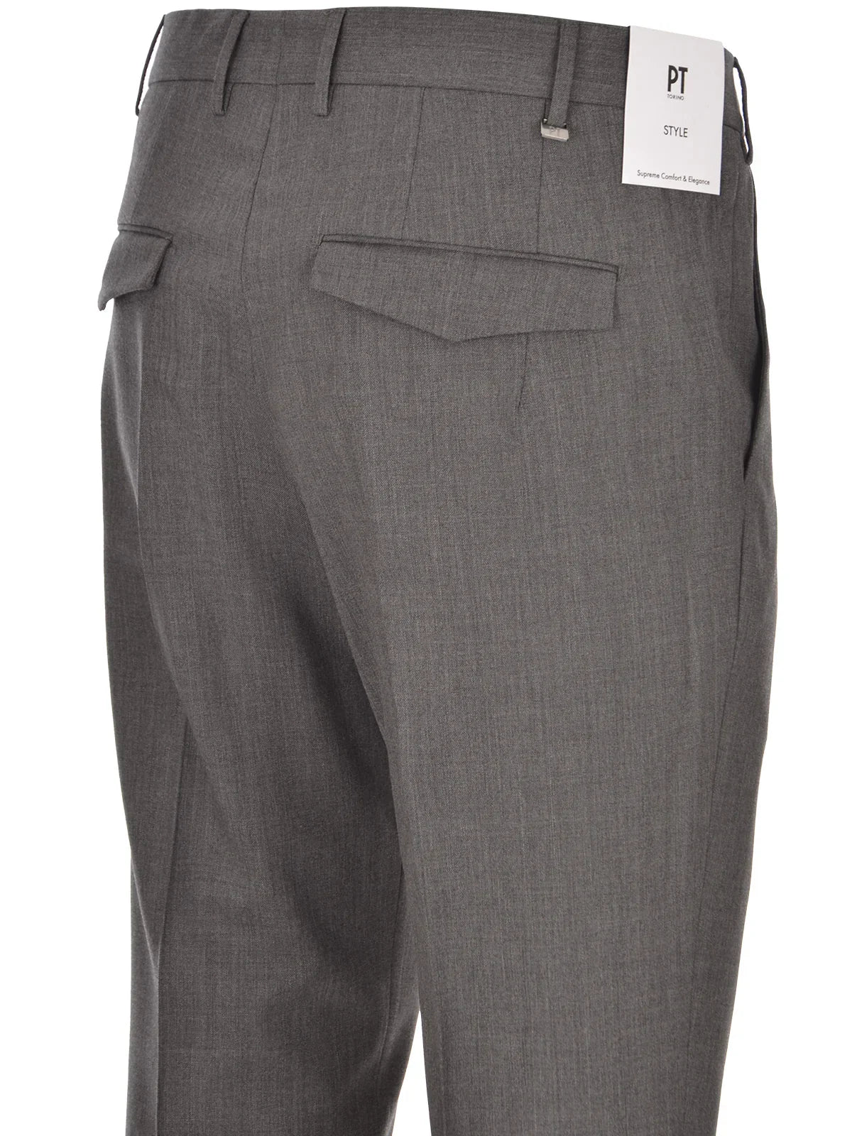 Pantaloni uomo eleganti grigi tasche posteriori a filetto, dettaglio sartoriale