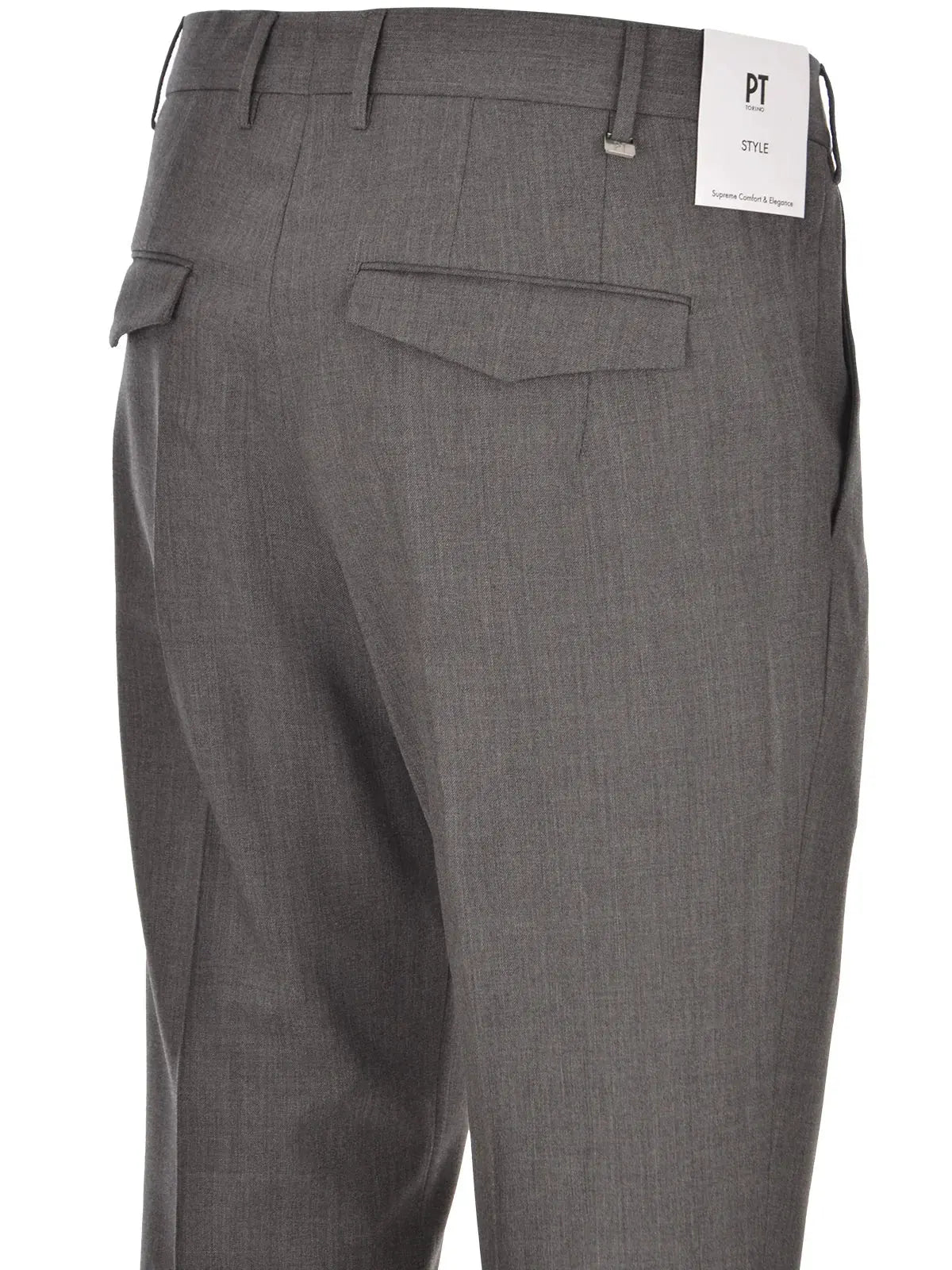 Pantaloni uomo eleganti grigi tasche posteriori a filetto, dettaglio sartoriale