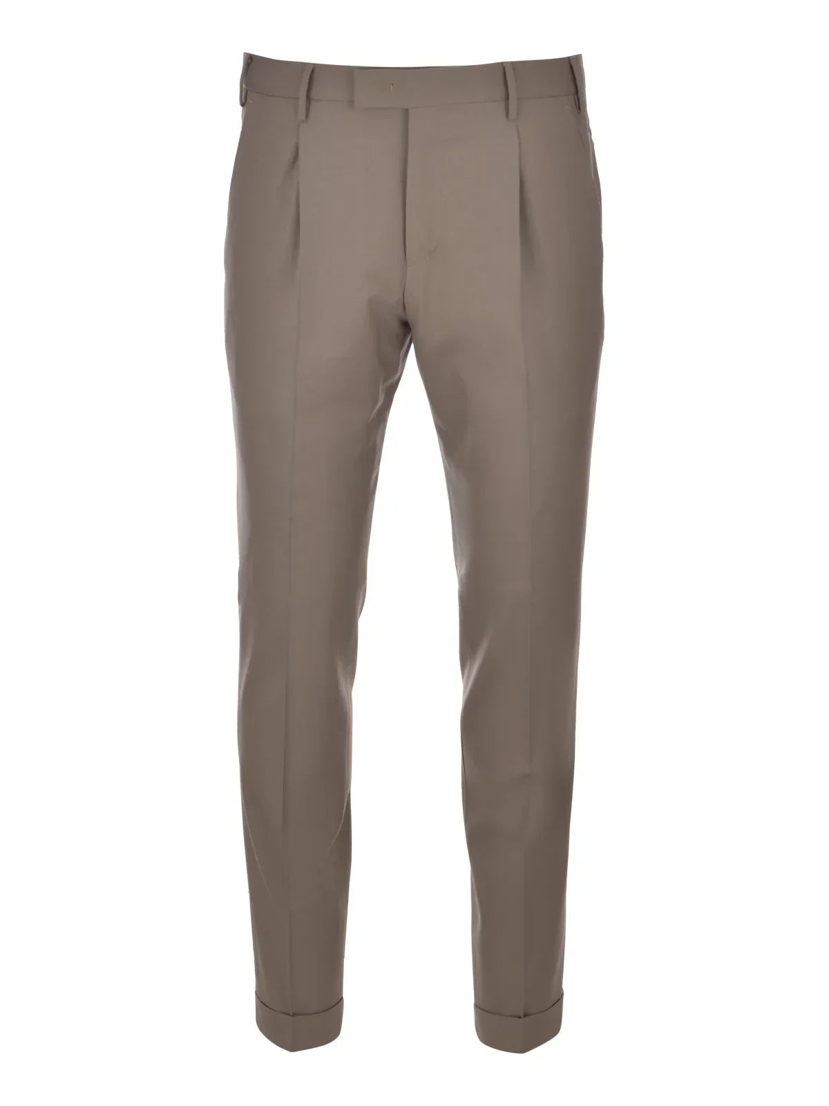 pantaloni uomo eleganti color beige con pince e risvolto, sfondo bianco