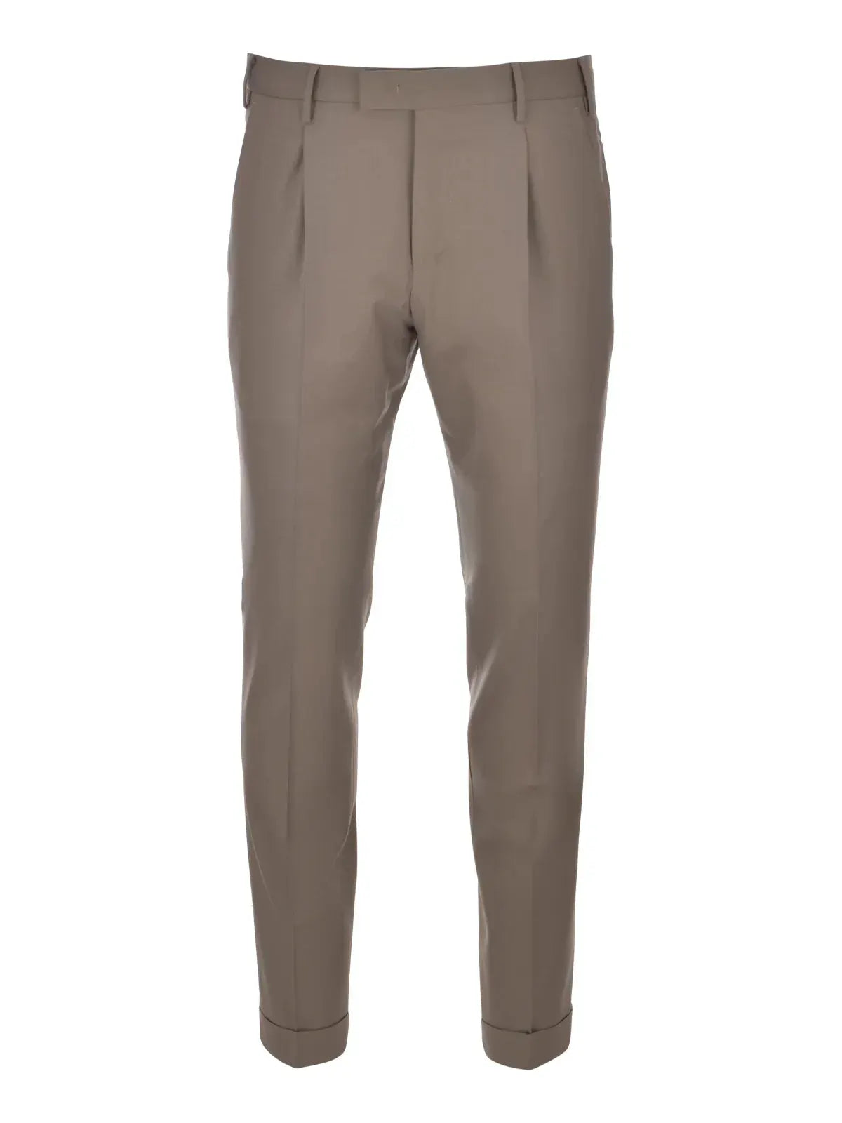 pantaloni uomo eleganti color beige con pince e risvolto, sfondo bianco