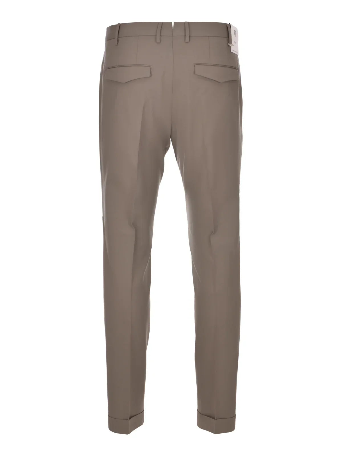 Pantaloni uomo beige eleganti, tasche con patta e risvolto sul fondo, vista posteriore.