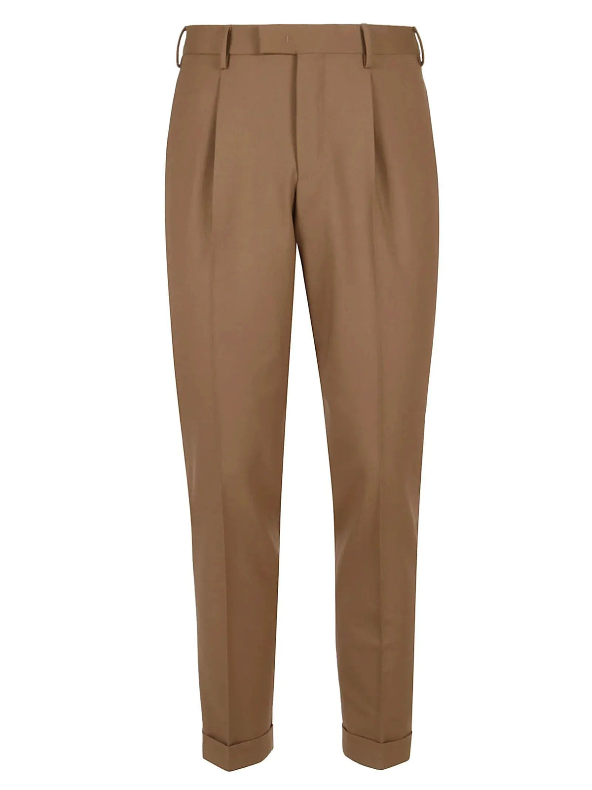 Pantalone uomo elegante color cammello, pinces frontali, orlo risvoltato, vestibilità classica