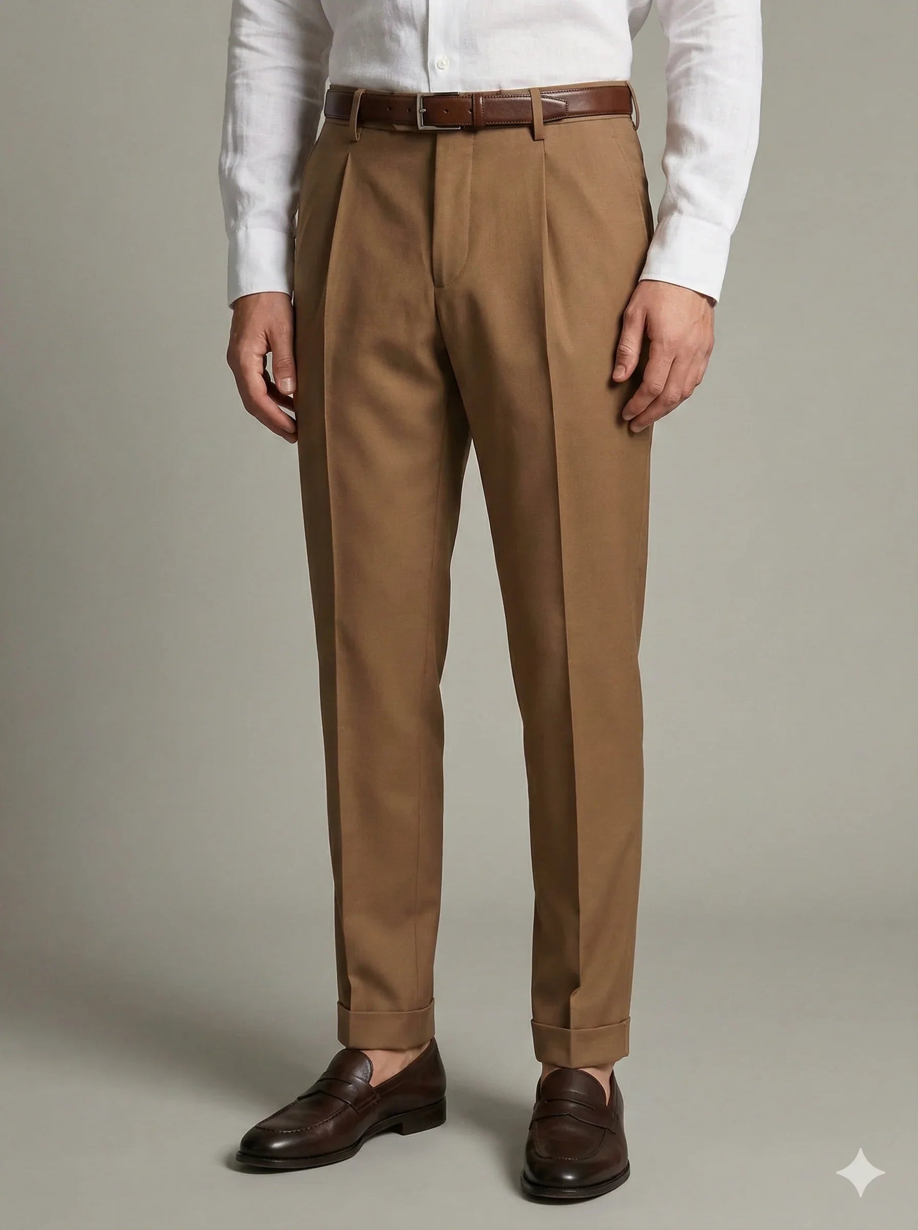 Pantaloni uomo eleganti marroni con pinces, camicia bianca, cintura e mocassini