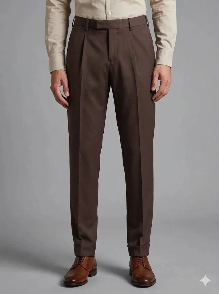 Pantaloni eleganti uomo marroni, vestibilità classica, abbinati a camicia beige e scarpe cuoio.