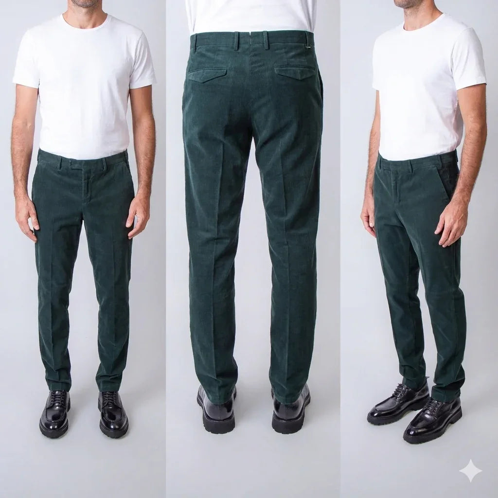 Pantaloni uomo verde scuro in velluto a coste, taglio classico, indossati da modello.