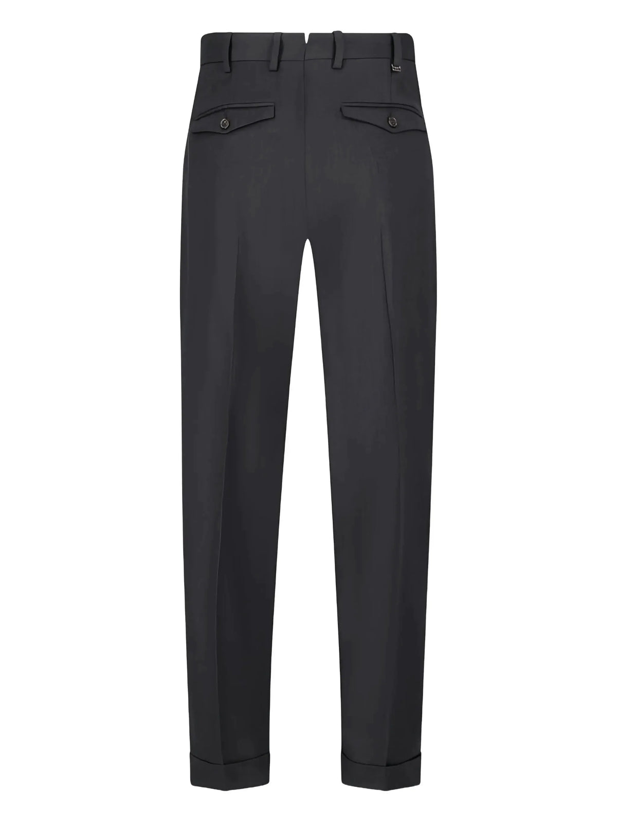 Pantalone uomo nero elegante con pinces, tasche a filetto e risvolto, visto da dietro.