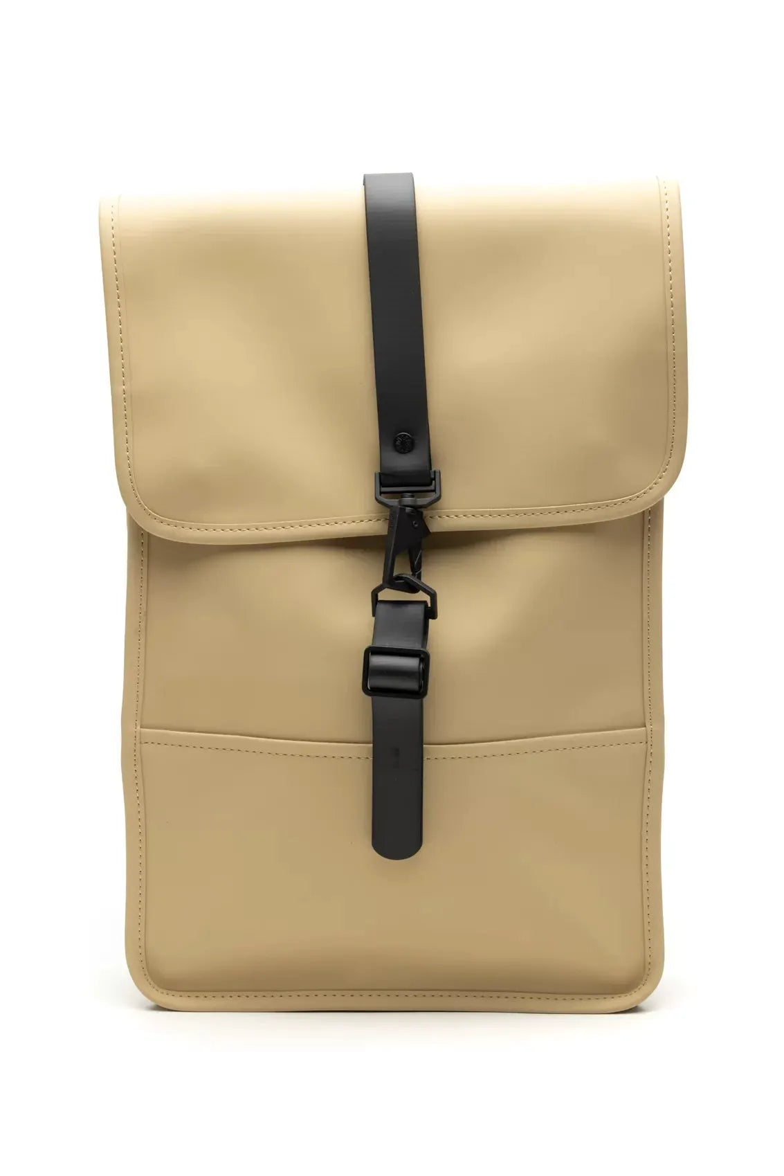Zaino mini beige unisex con chiusura a fibbia nera, design moderno ed essenziale