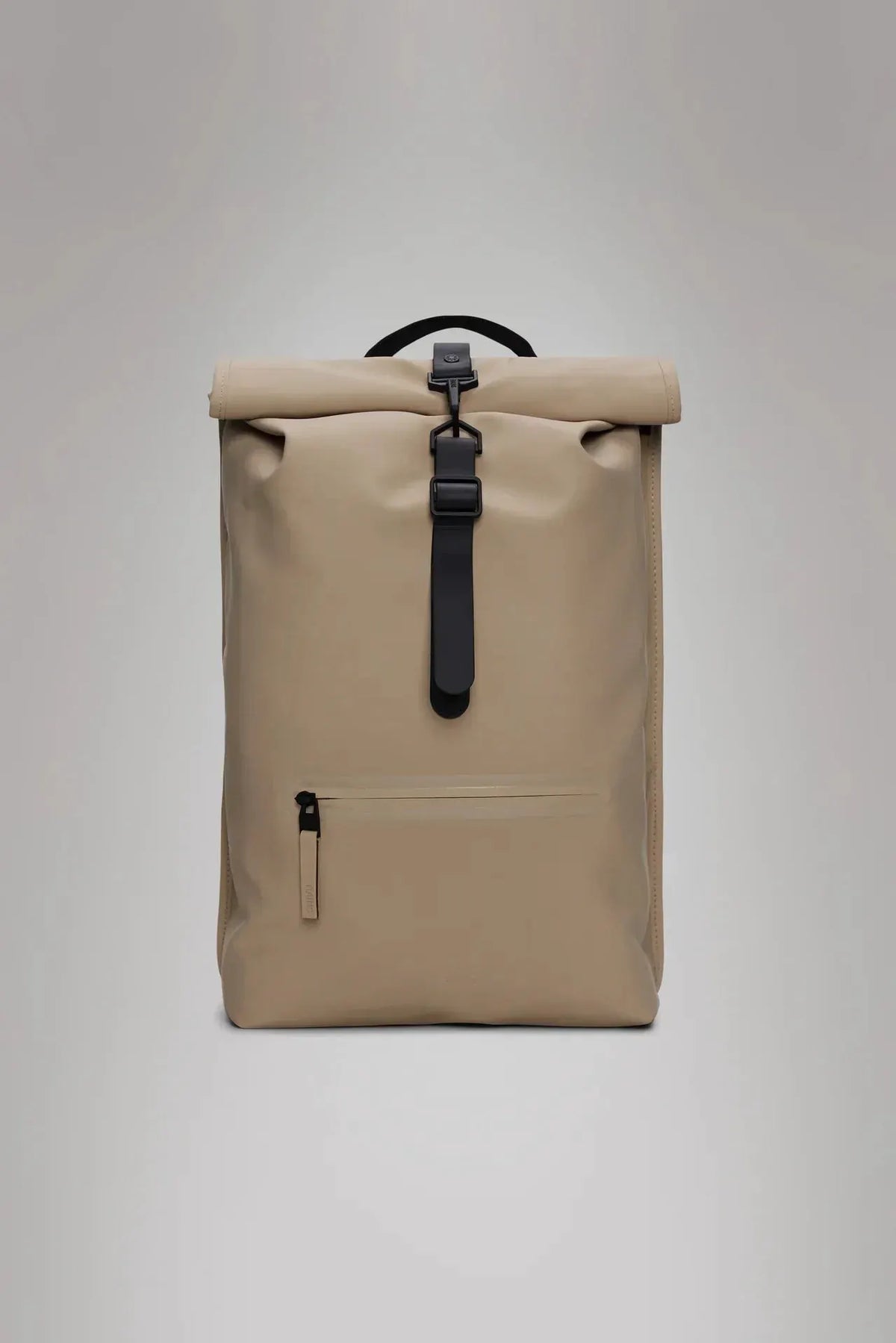 Zaino beige impermeabile rolltop con zip frontale e chiusura a fibbia nera