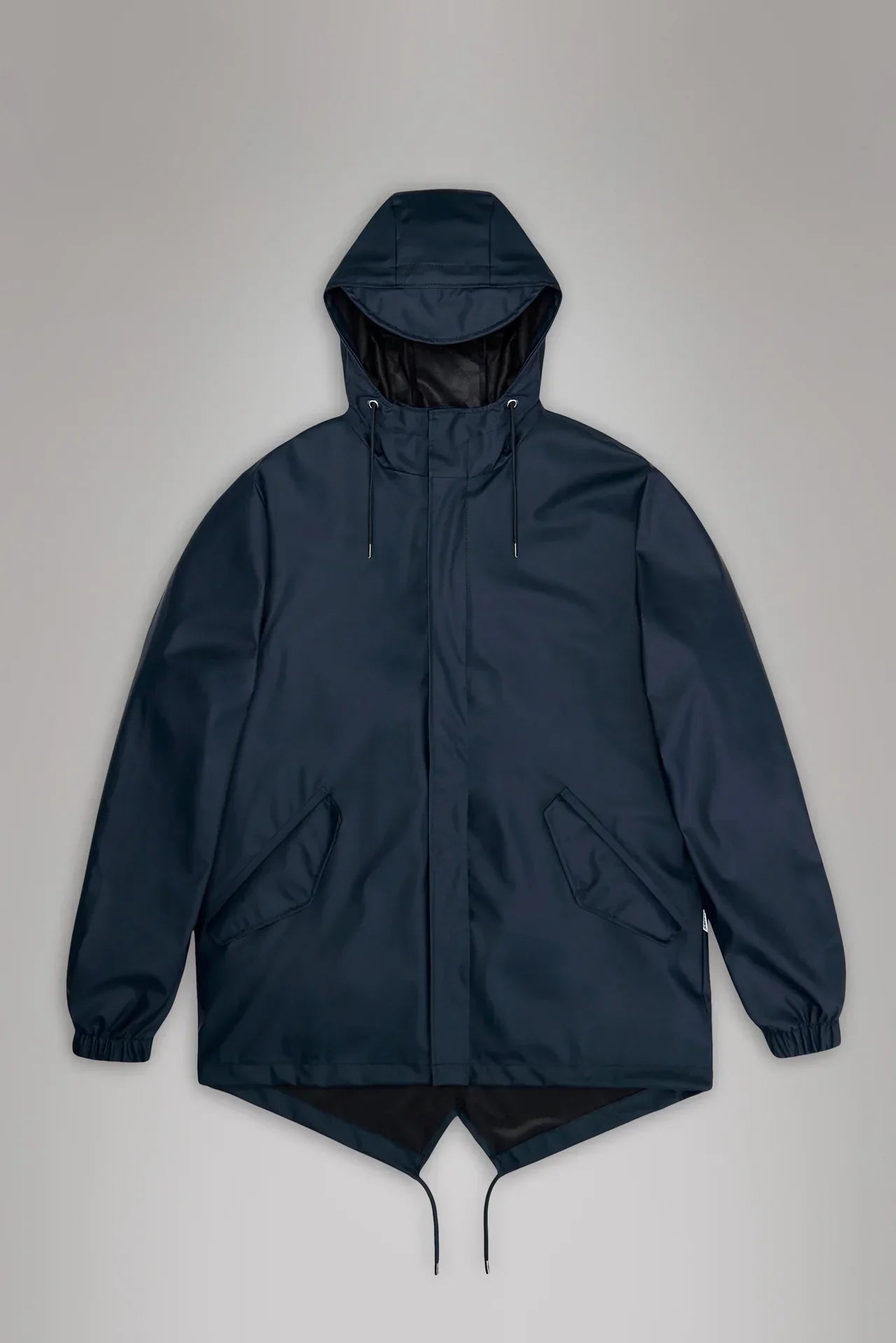 Giacca antipioggia blu scuro con cappuccio, modello fishtail, uomo donna, stile casual