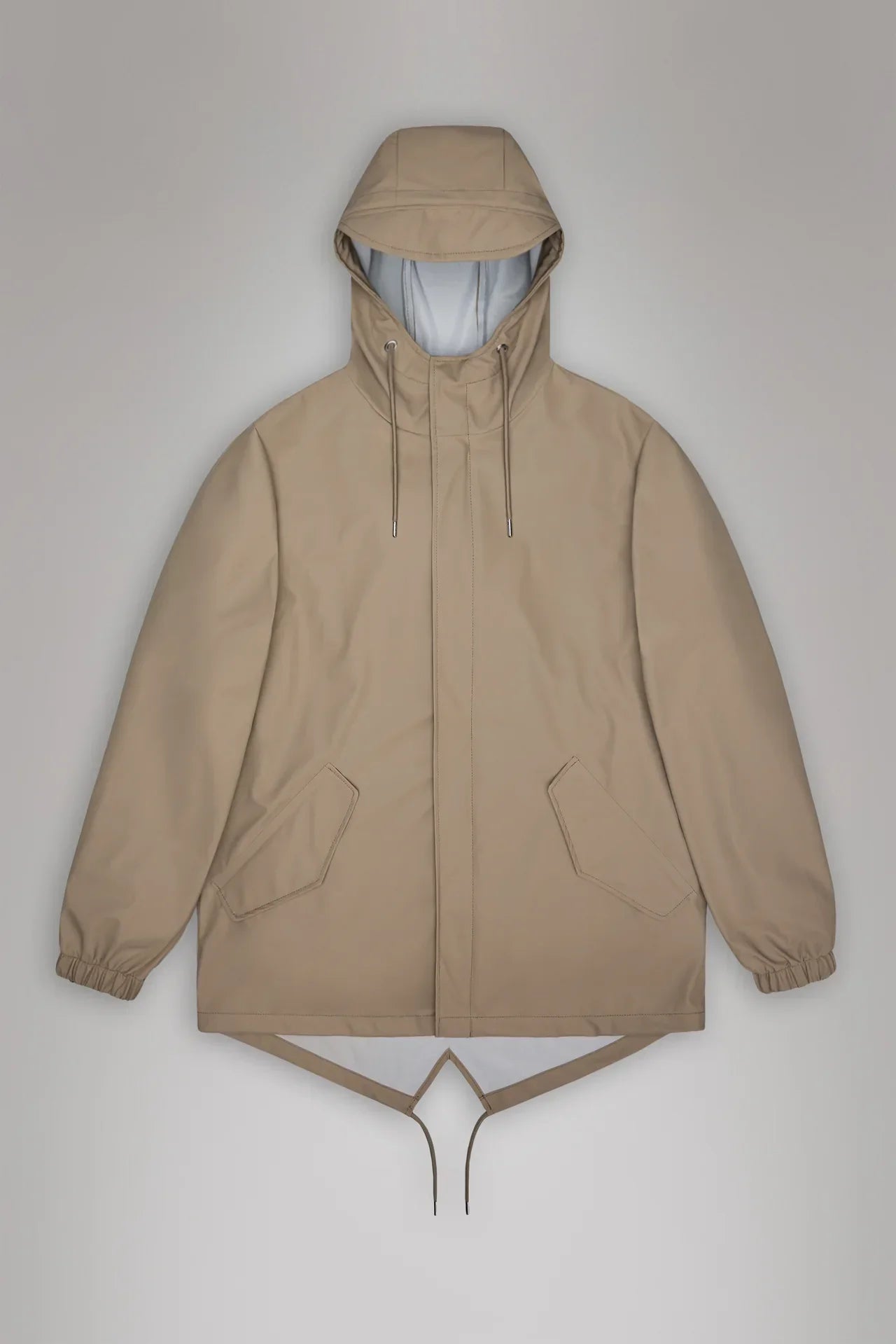 Giacca impermeabile beige con cappuccio e coda a pesce per uomo, stile moderno